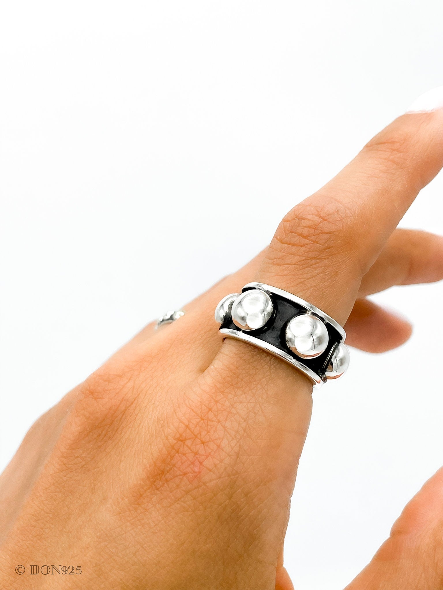 Oxidized Sterling Silver Dome Ring: Chunky Beaded Statement Band, Studded Jewelry