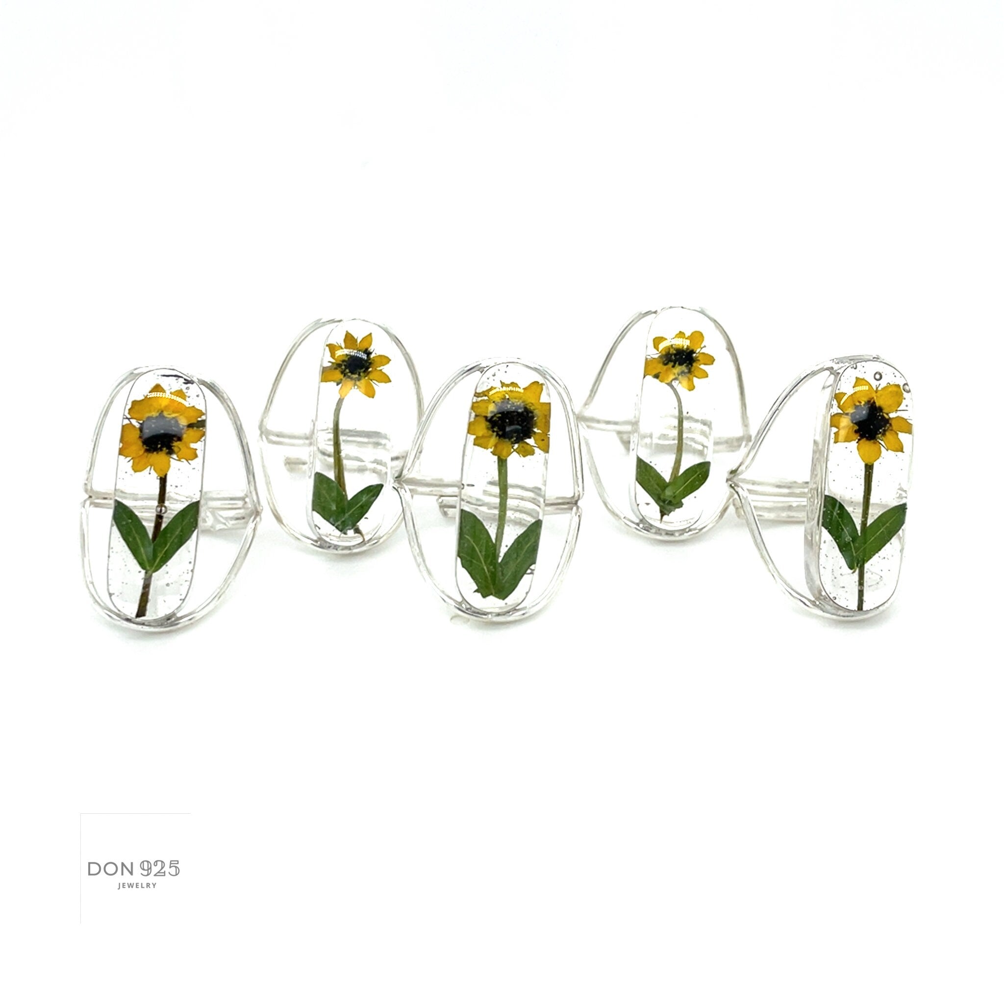 Real Yellow Flower Sterling Silver Adjustable Ring: Floral Jewelry
