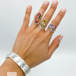 Real Colorful Flowers Adjustable Ring: Sterling Silver, Botanical Resin Jewelry