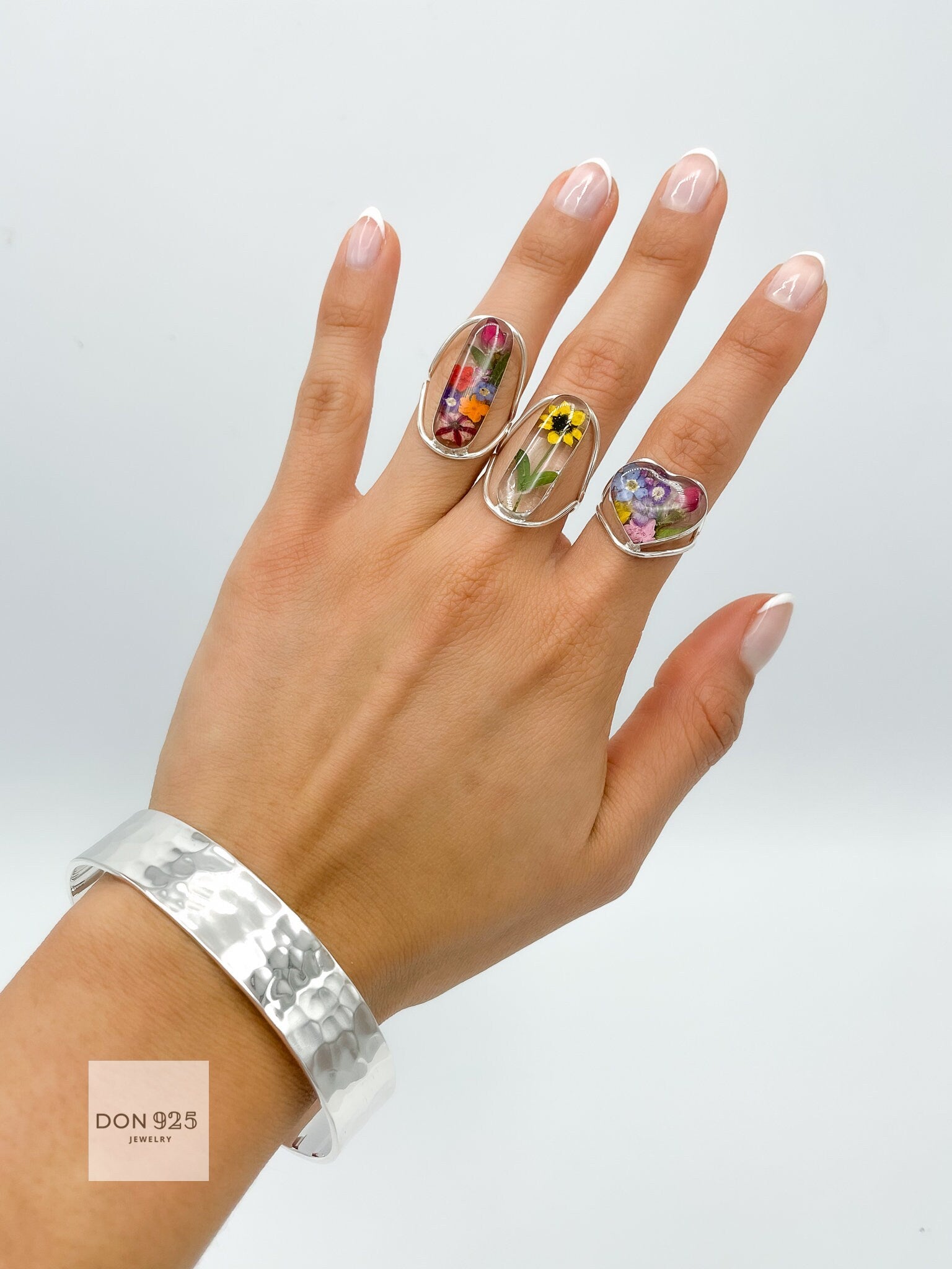 Botanical Heart Ring: Real Flowers and Sterling Silver, Adjustable Band