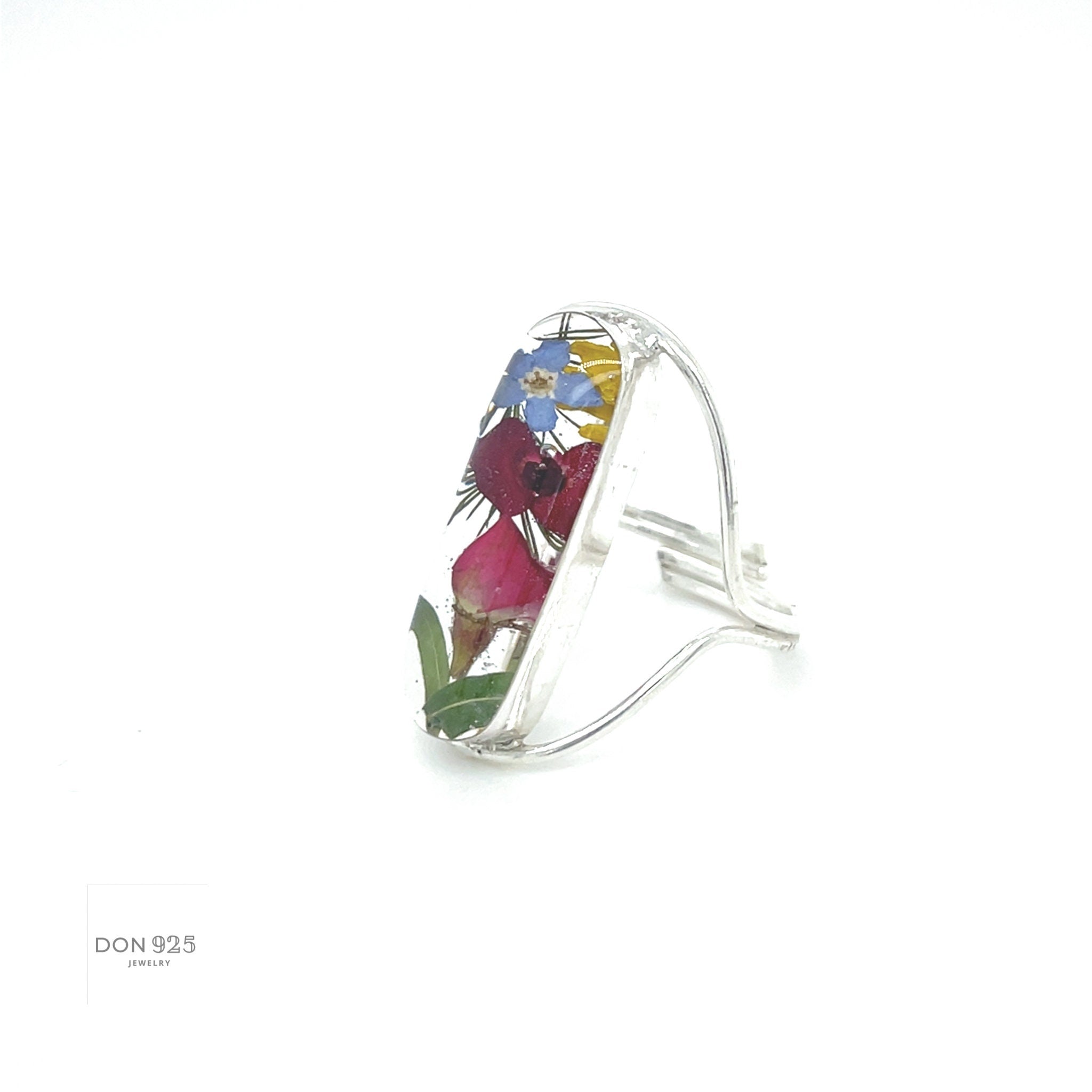 Real Colorful Flowers Adjustable Ring: Sterling Silver, Botanical Resin Jewelry