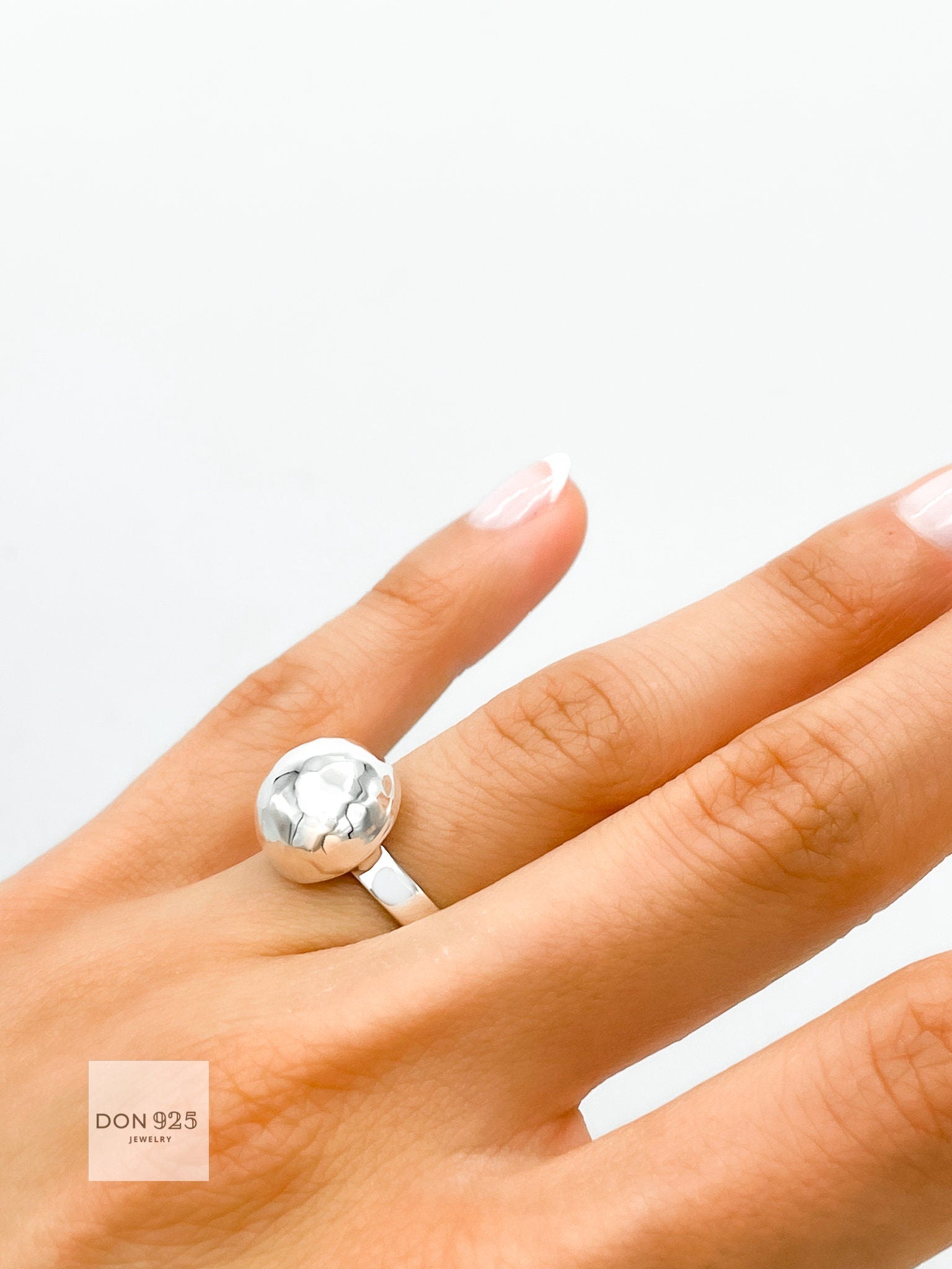 Sterling Silver Disco Ball Ring: Hammered Dome Geometric Band
