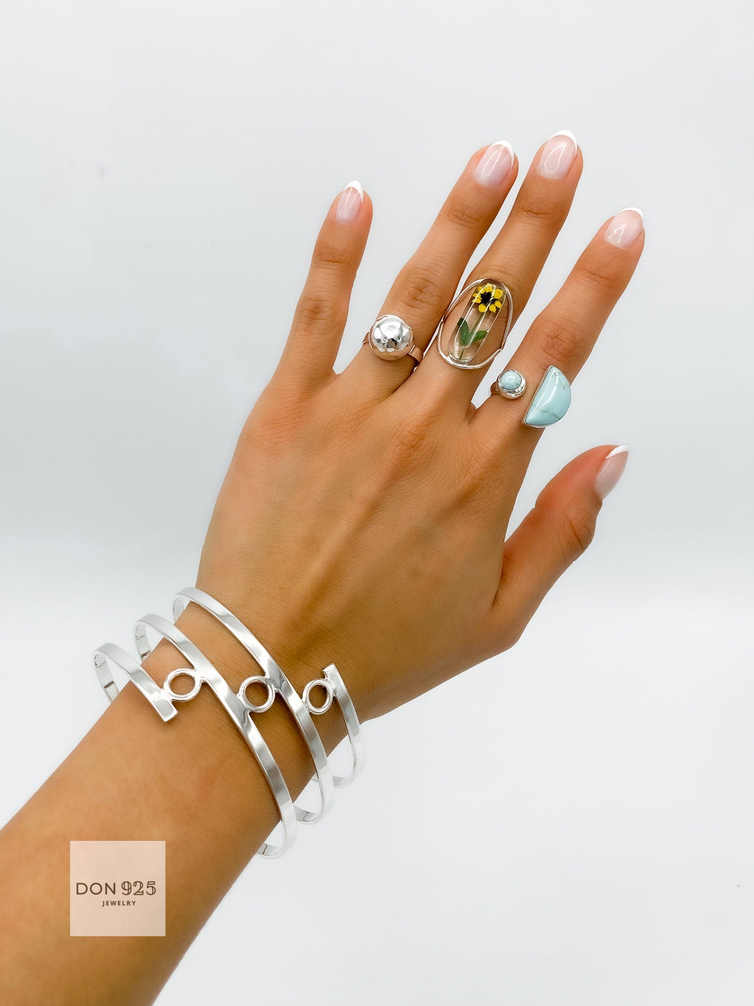 Sterling Silver Disco Ball Ring: Hammered Dome Geometric Band