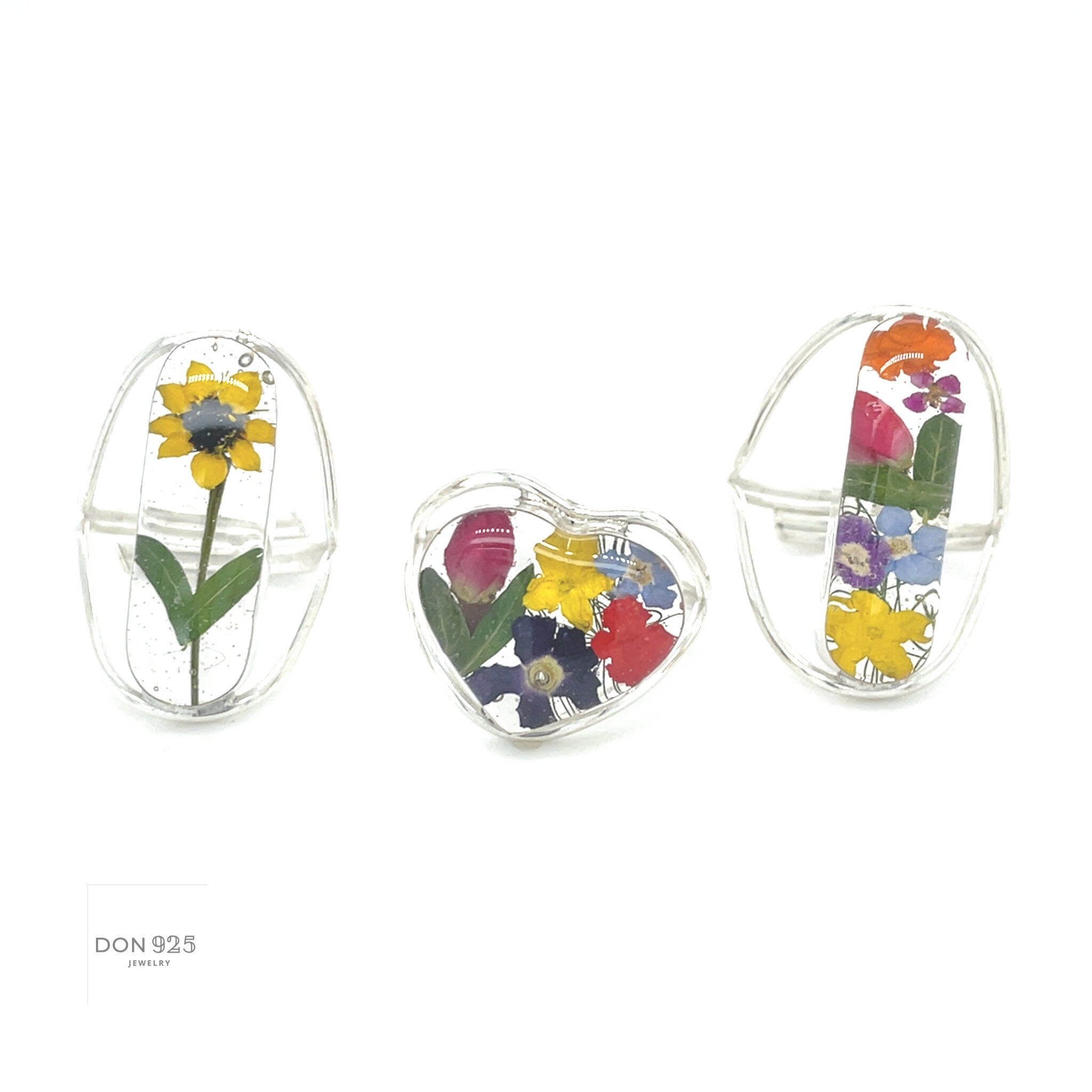 Real Colorful Flowers Adjustable Ring: Sterling Silver, Botanical Resin Jewelry