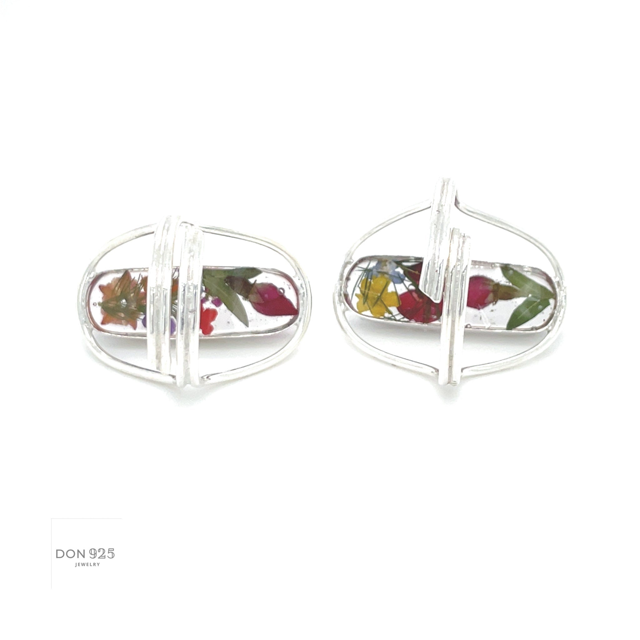 Real Colorful Flowers Adjustable Ring: Sterling Silver, Botanical Resin Jewelry