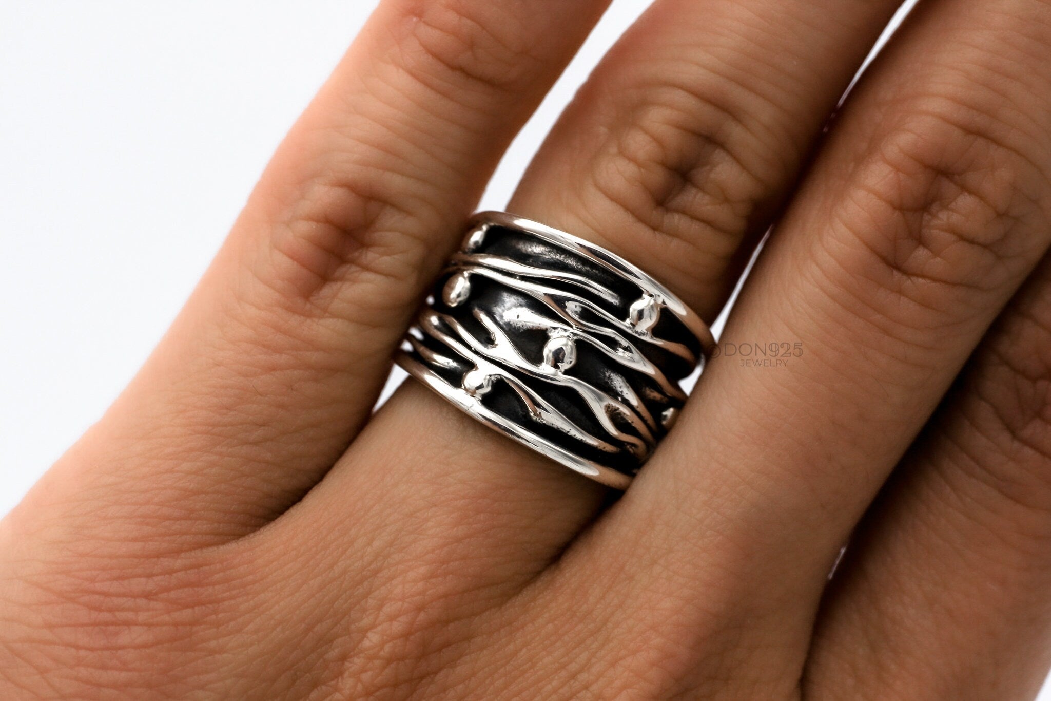 Oxidized Sterling Silver Ocean Waves Ring: Chunky Beach Jewelry