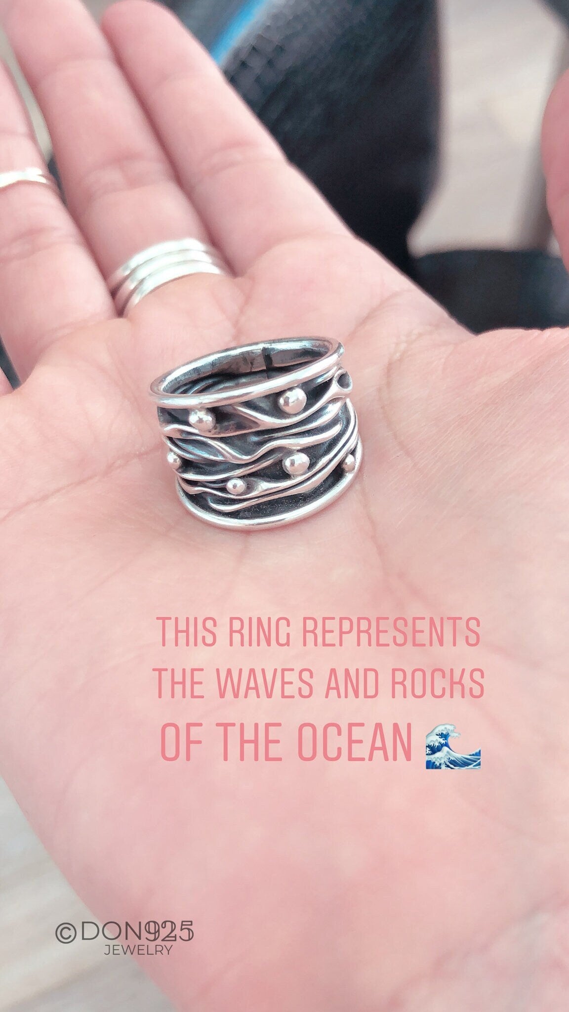 Oxidized Sterling Silver Ocean Waves Ring: Chunky Beach Jewelry