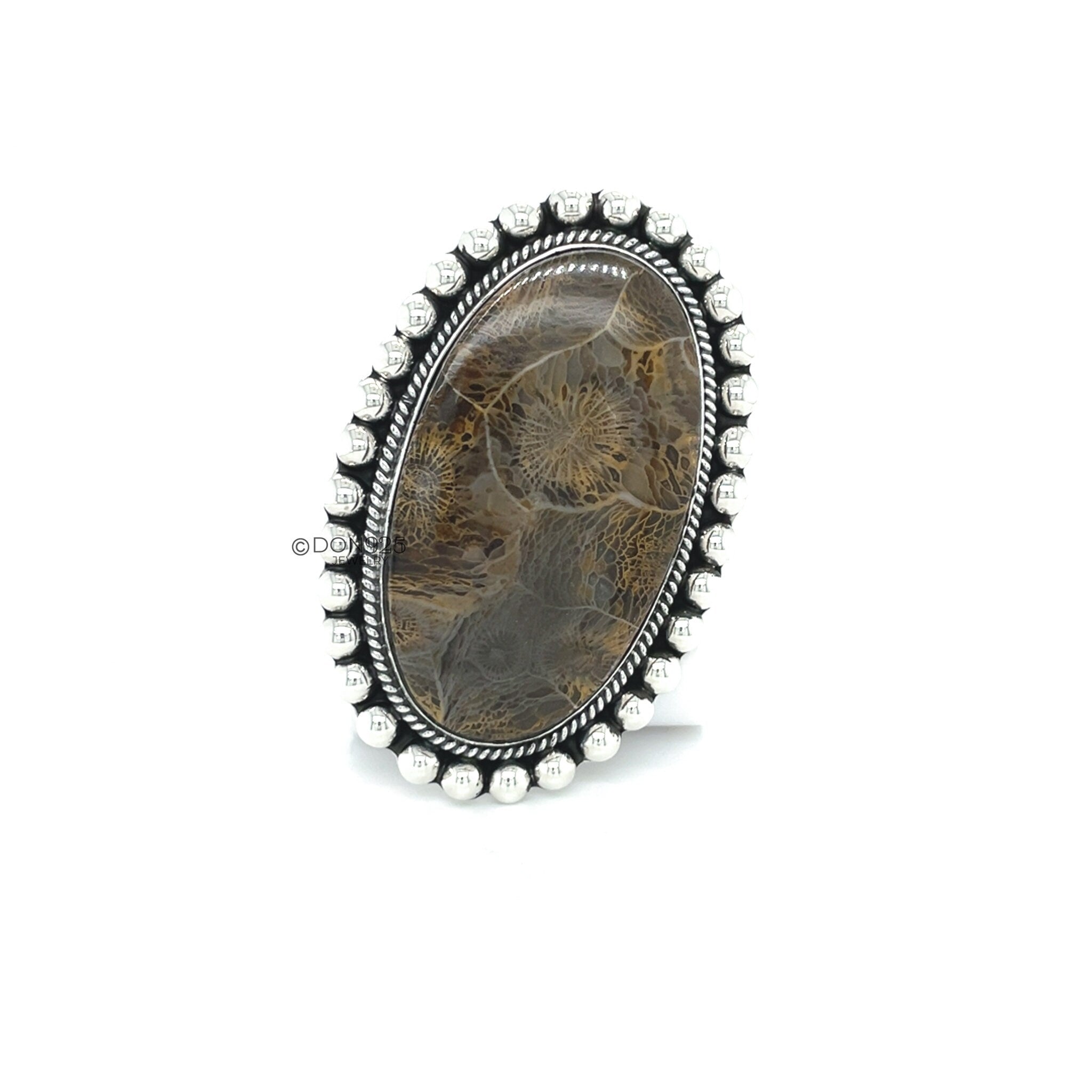 Huge Agatized Fossil Coral and Sterling Silver Statement Ring