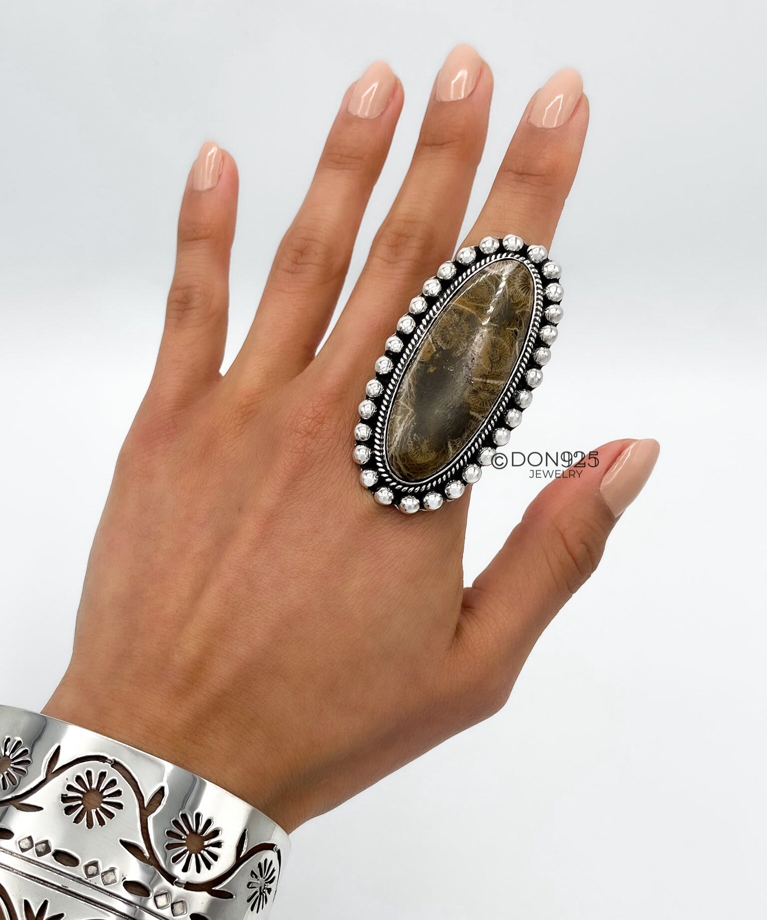 Huge Agatized Fossil Coral and Sterling Silver Statement Ring