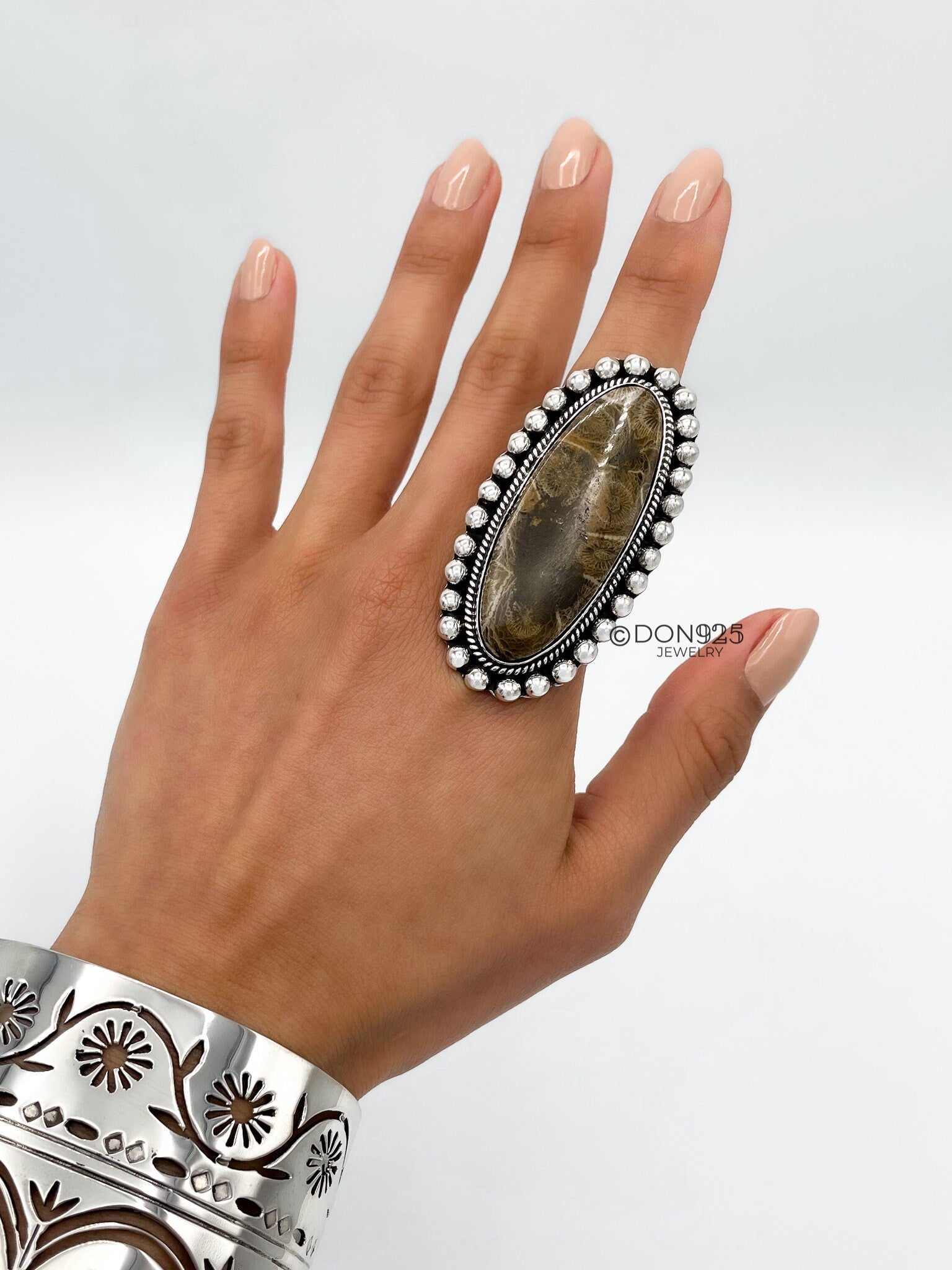 Huge Agatized Fossil Coral and Sterling Silver Statement Ring