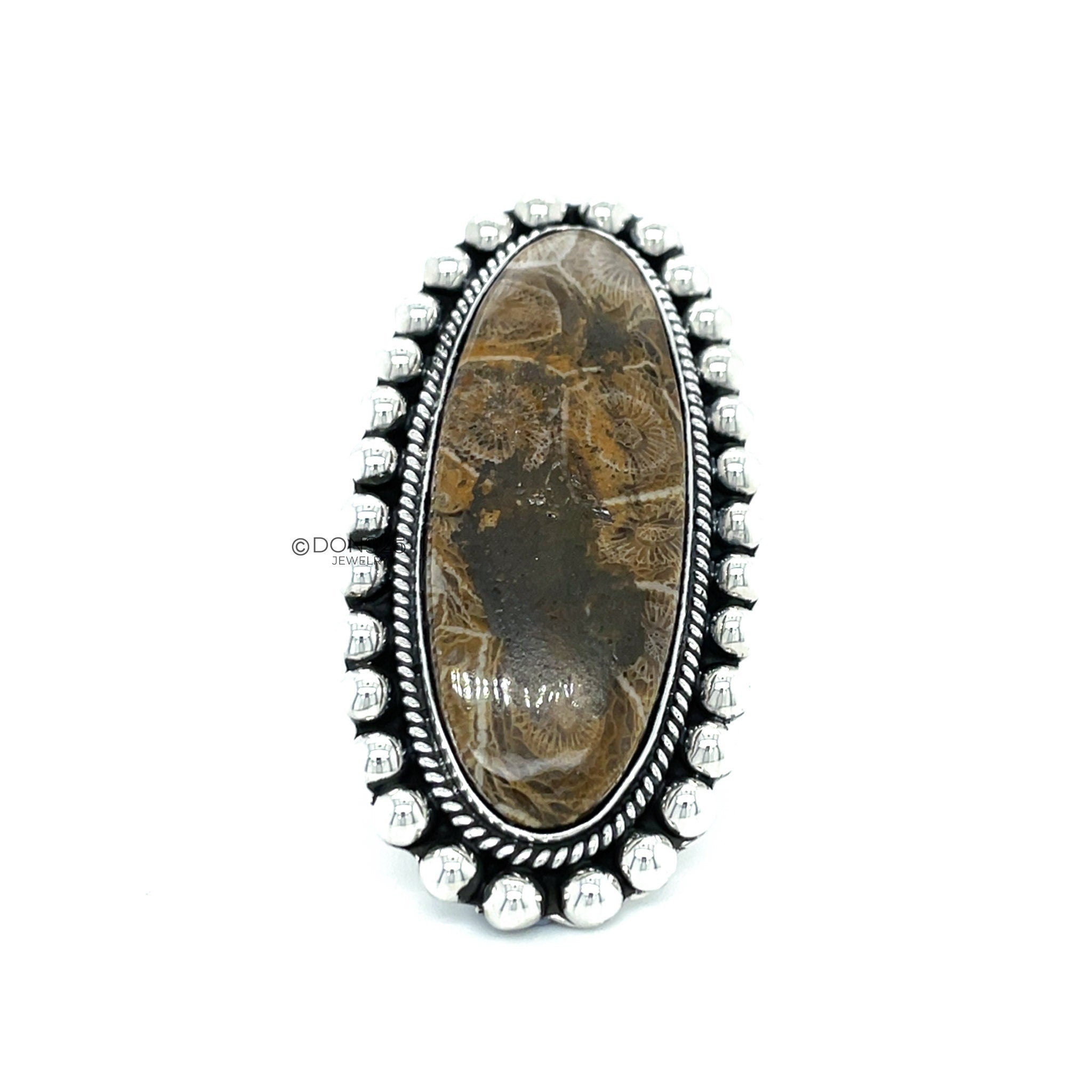 Huge Agatized Fossil Coral and Sterling Silver Statement Ring