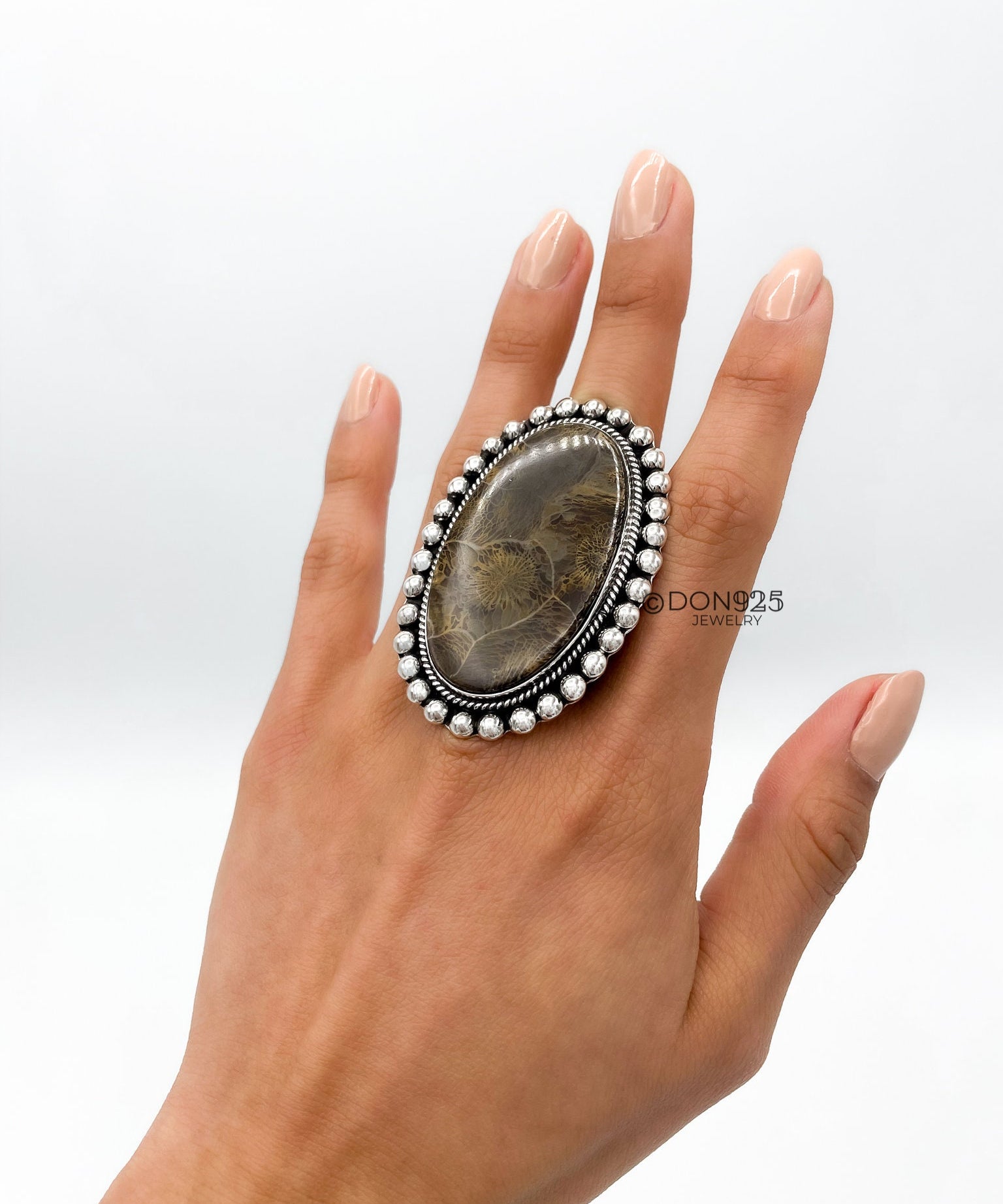 Huge Agatized Fossil Coral and Sterling Silver Statement Ring