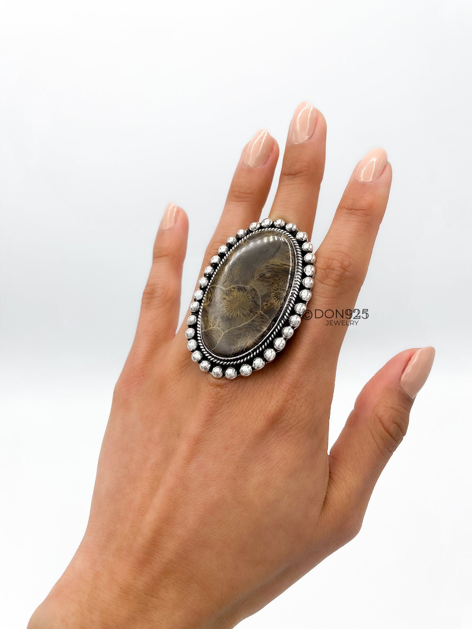 Huge Agatized Fossil Coral and Sterling Silver Statement Ring