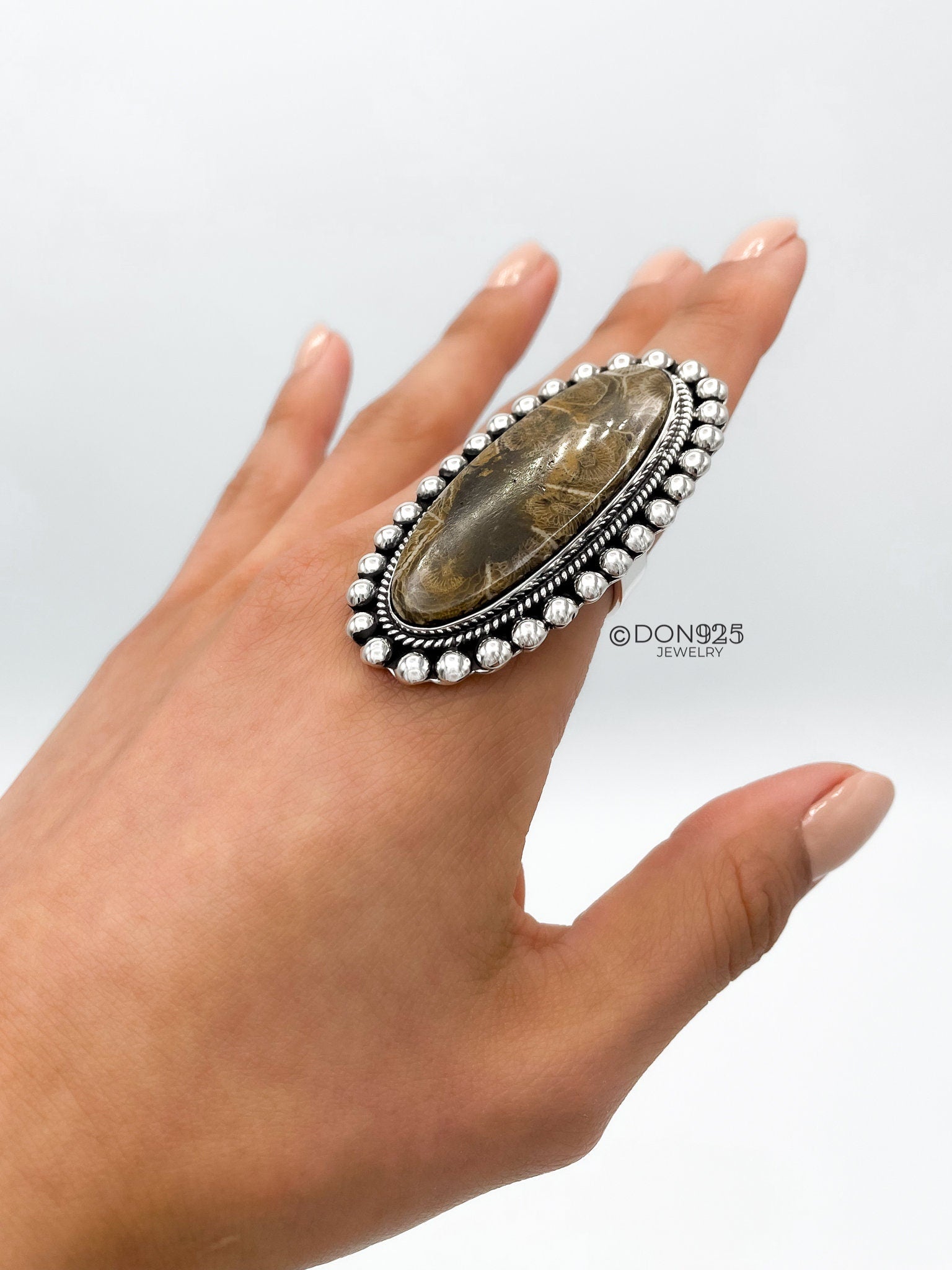 Huge Agatized Fossil Coral and Sterling Silver Statement Ring