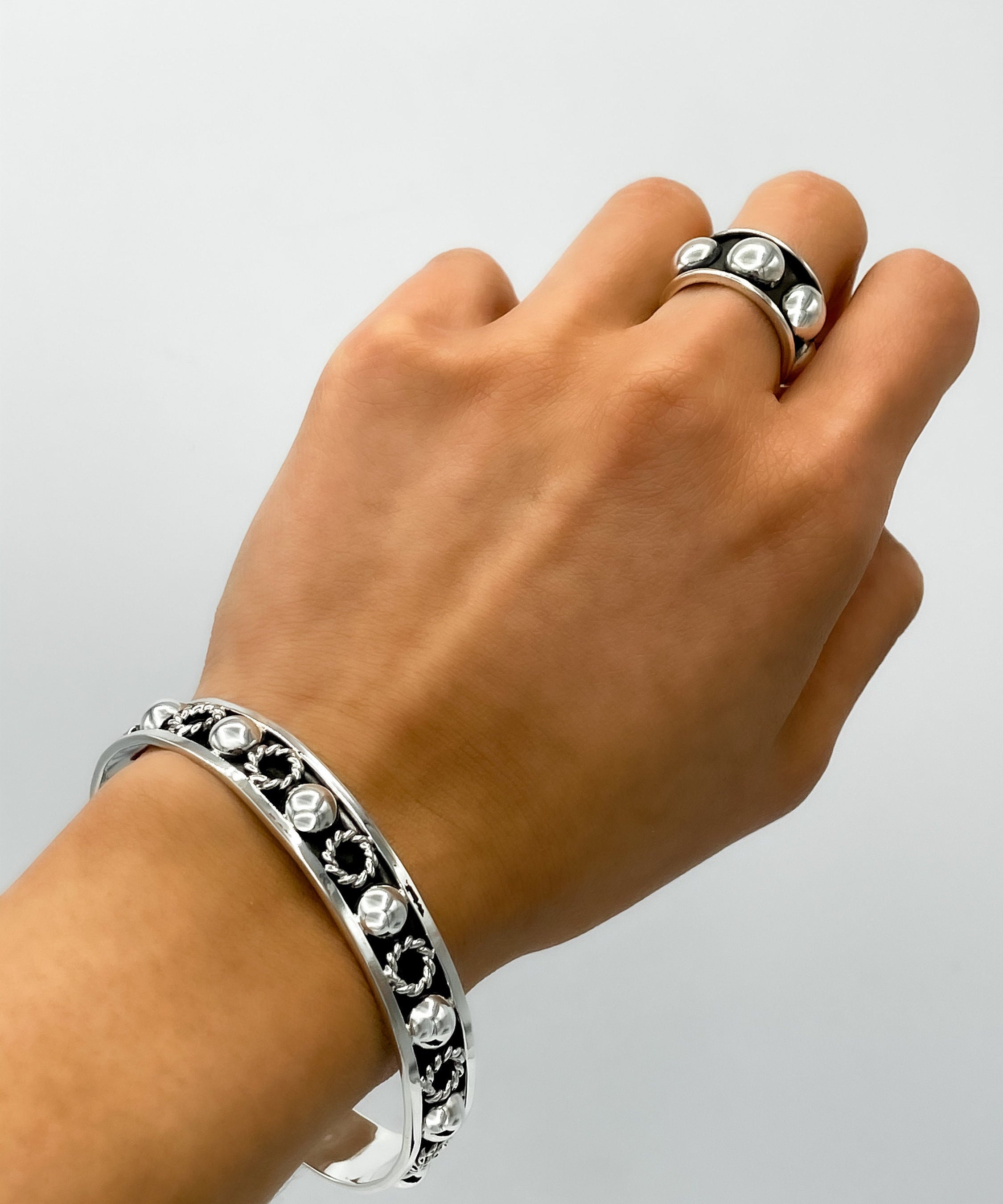 Sterling Silver Beaded Cuff Bracelet: Taxco Bohemian Studded Jewelry