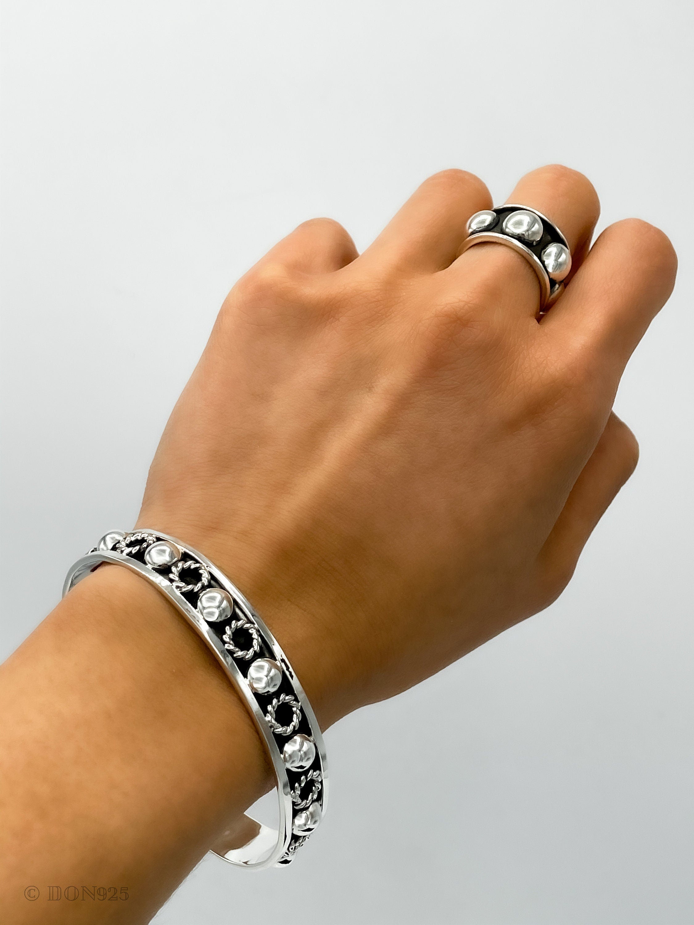 Sterling Silver Beaded Cuff Bracelet: Taxco Bohemian Studded Jewelry