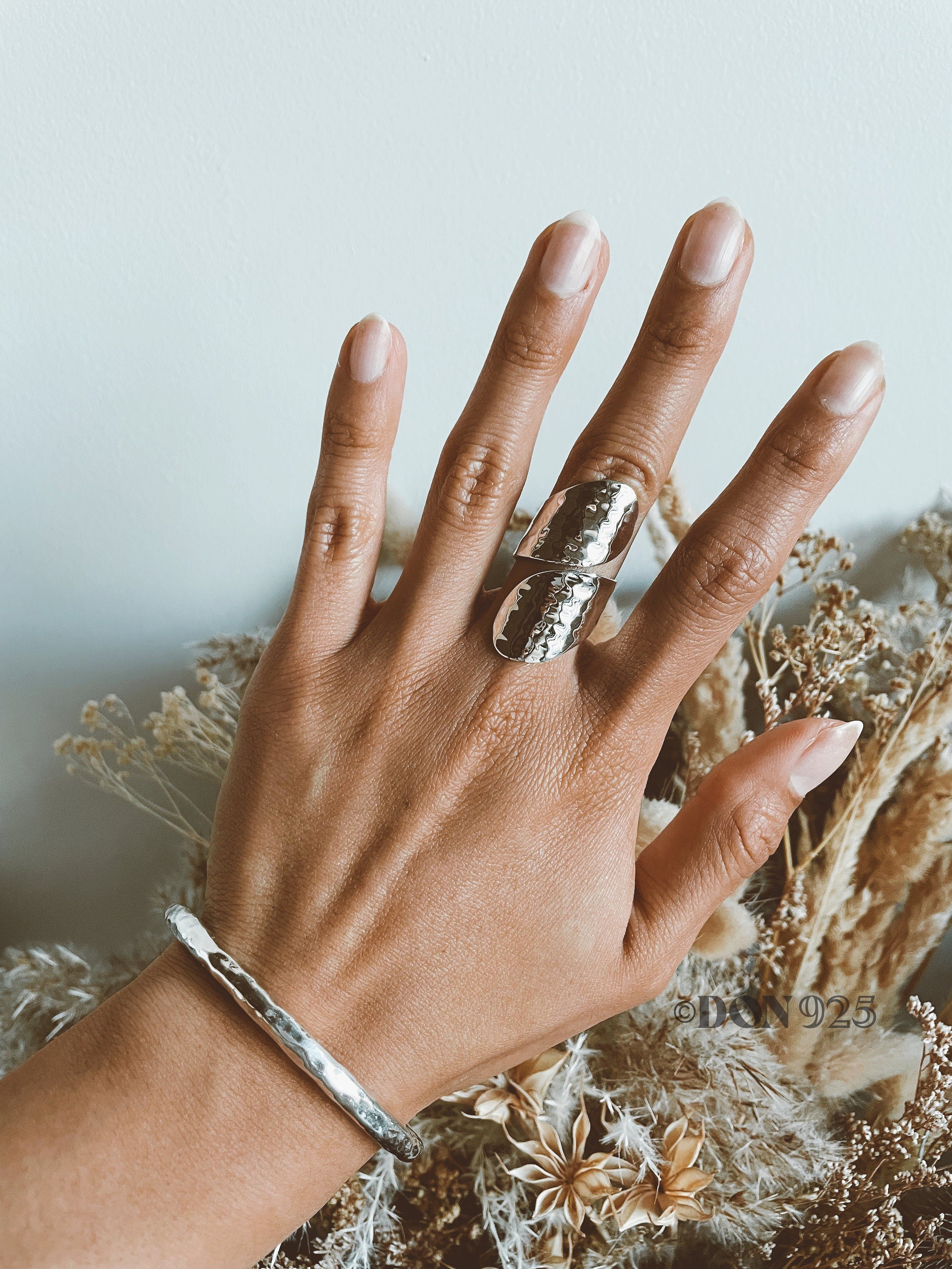 Sterling Silver Long Wrap Shield Ring: Adjustable Chunky Statement Ring