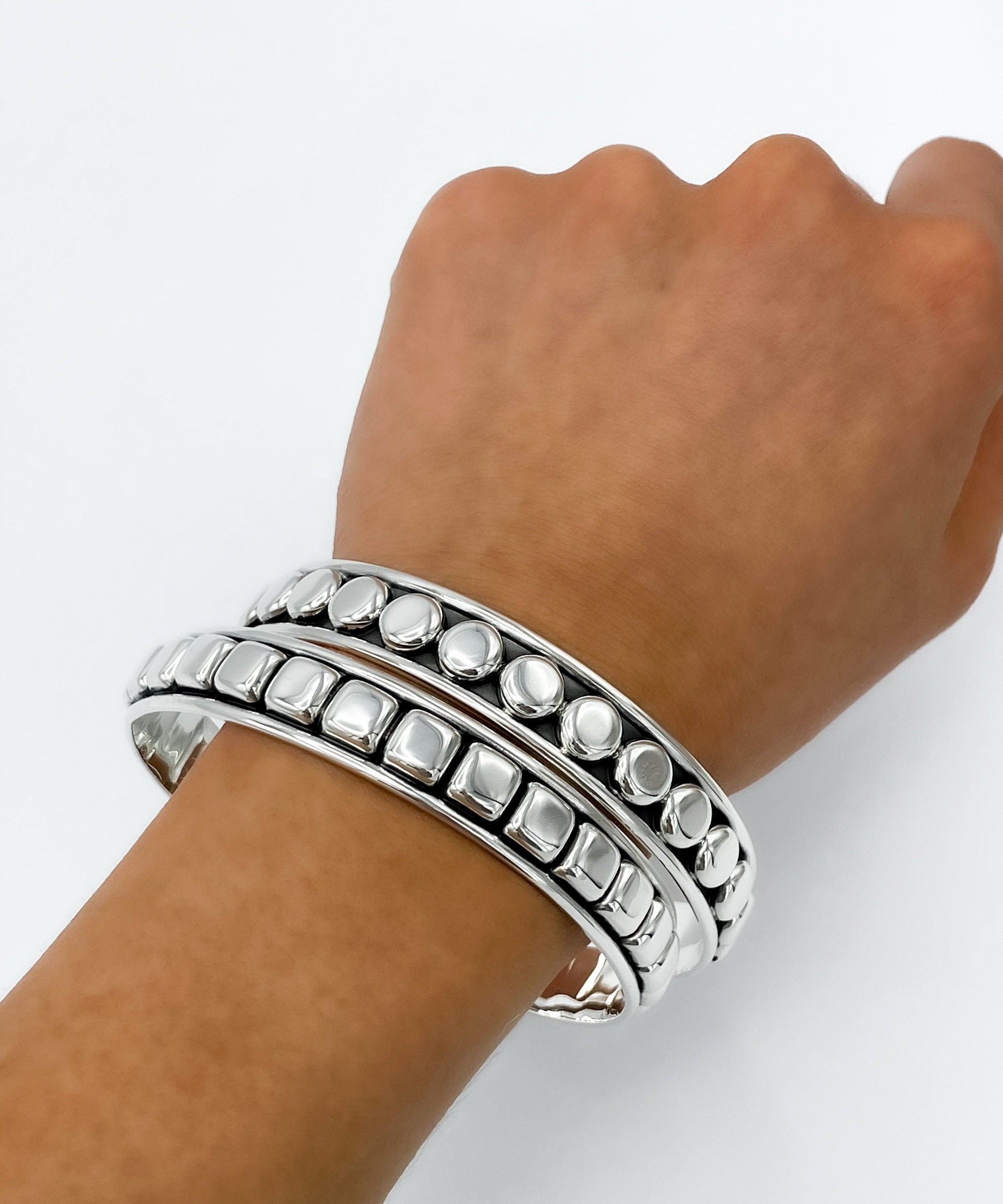 Sterling Silver Southwestern Studded Bangle Bracelet: Squares or Circles Pattern
