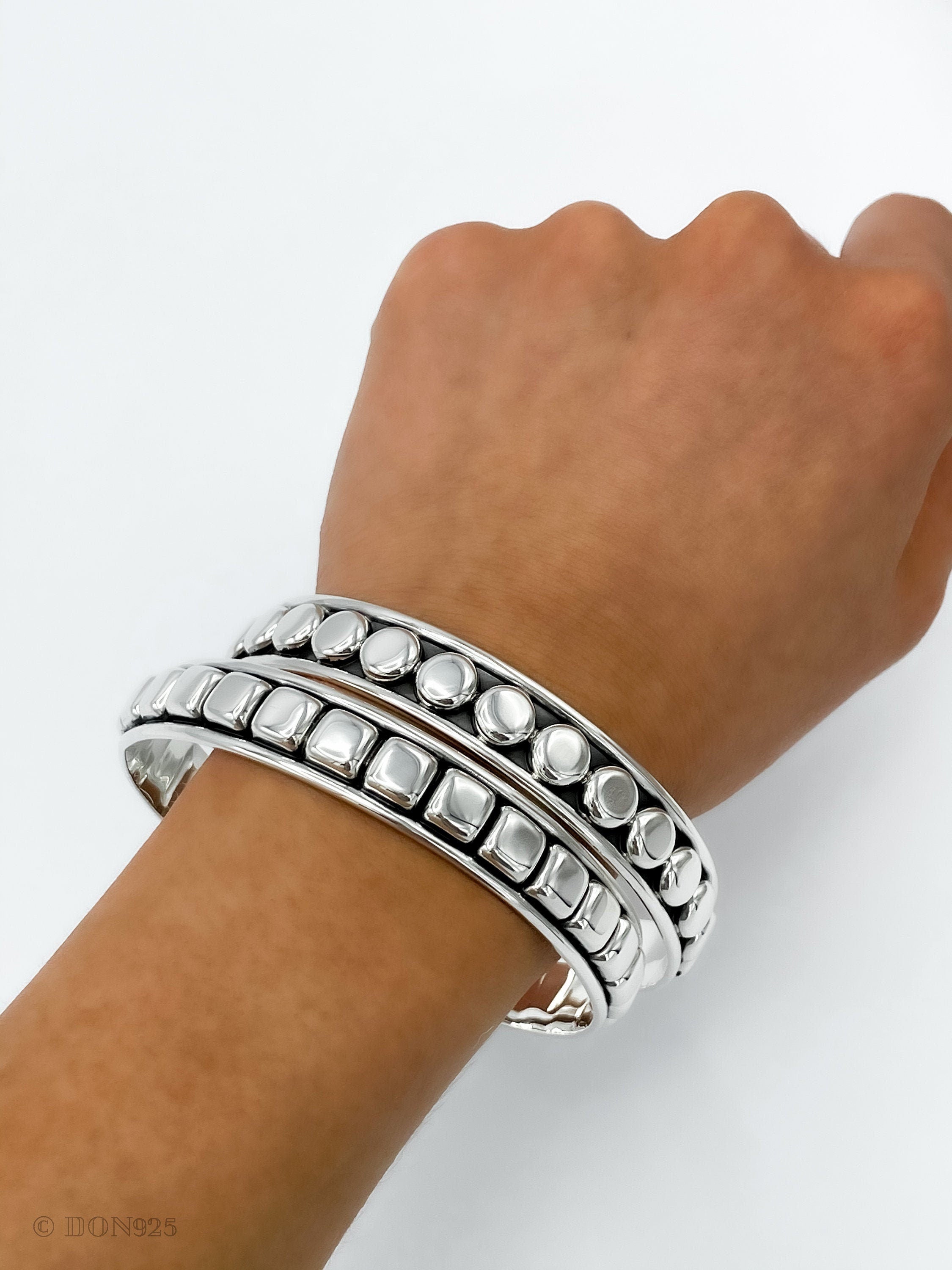 Sterling Silver Southwestern Studded Bangle Bracelet: Squares or Circles Pattern