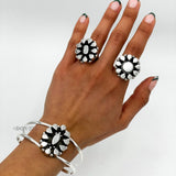 Sterling Silver Boho Flower Ring: Adjustable Chunky Geometric Statement Jewelry