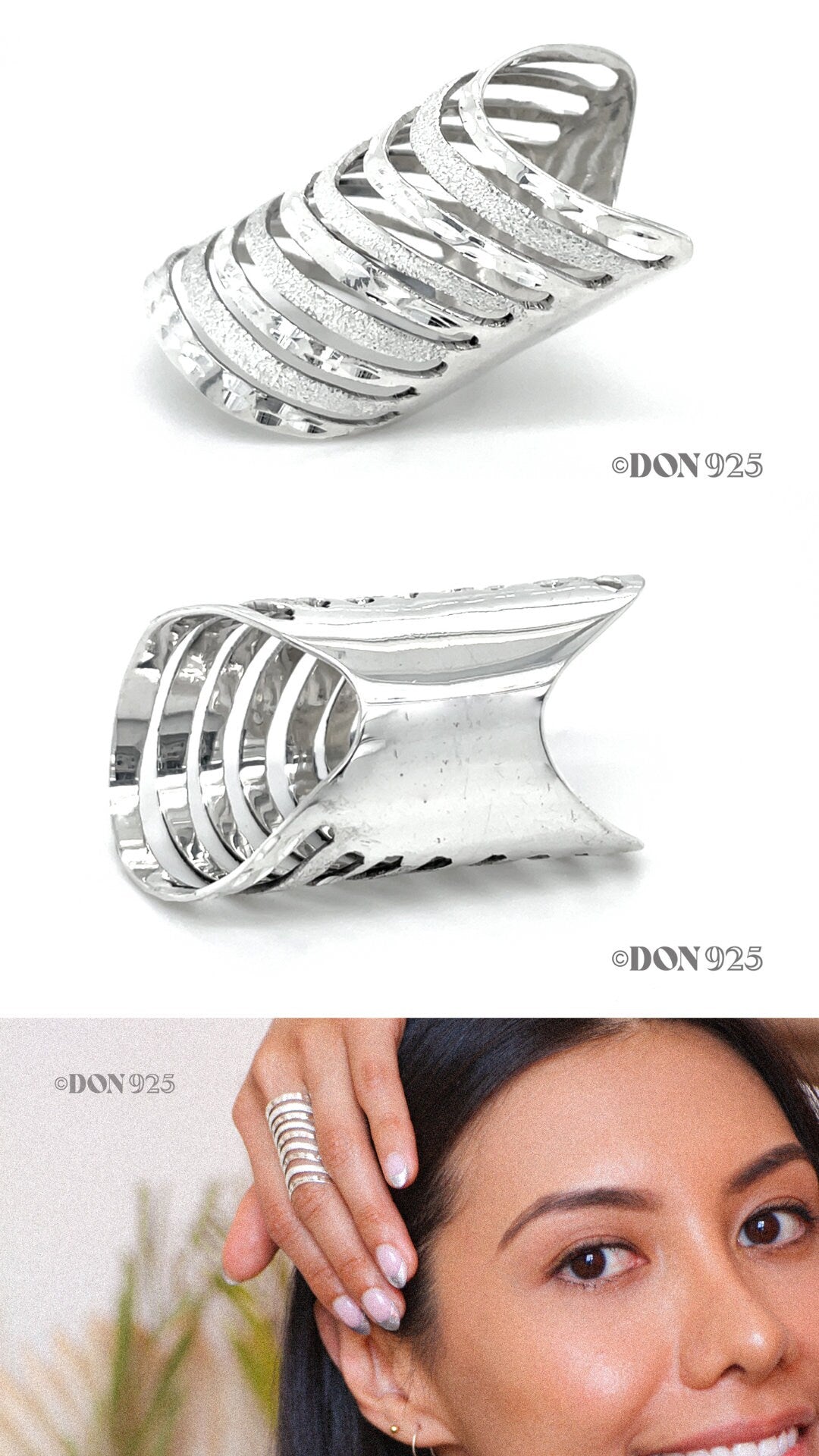 Sterling Silver Cutout Lines Long Shield Ring
