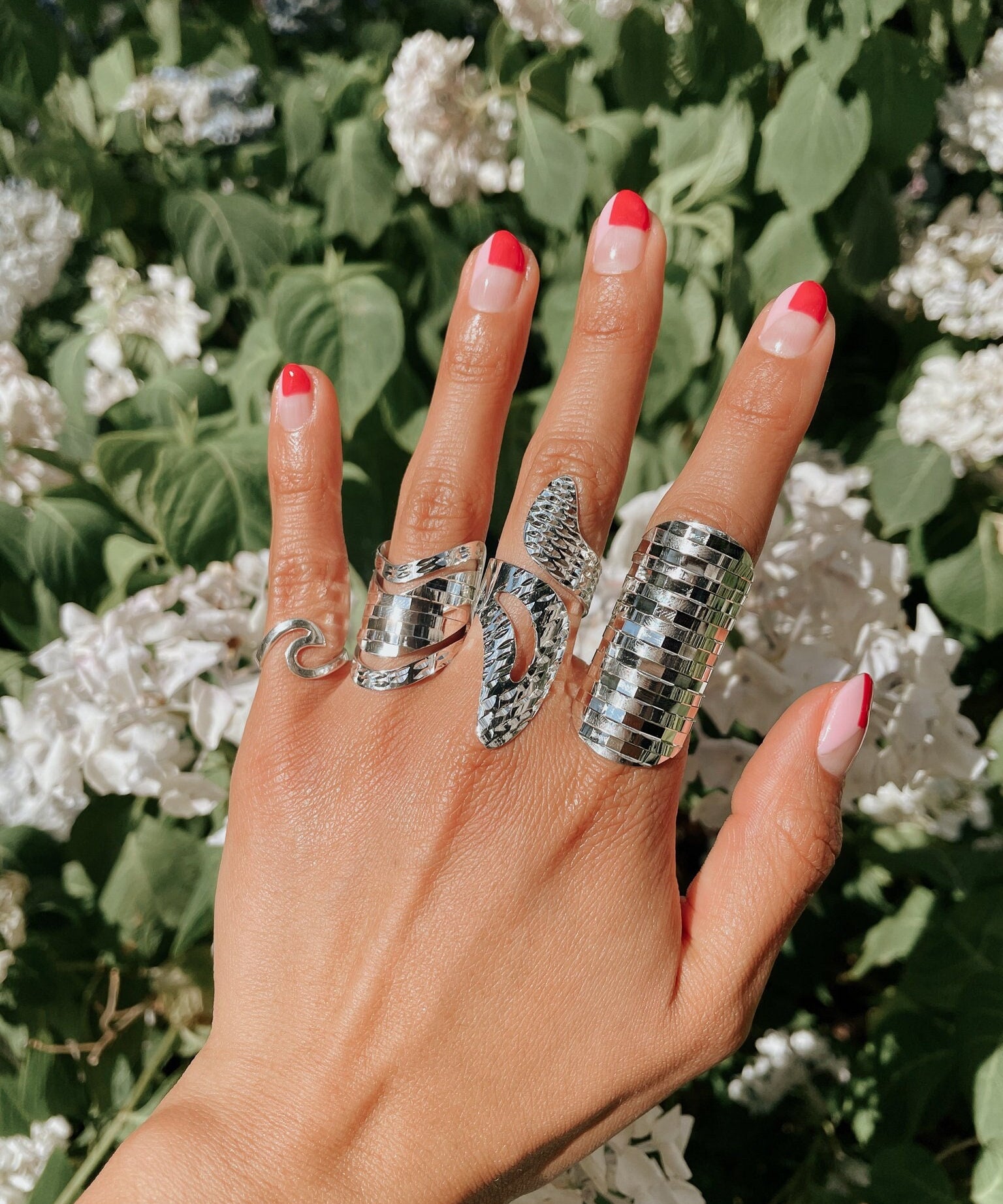 Sterling Silver Leaf Adjustable Ring: Long Shiny Disco-Ball Style