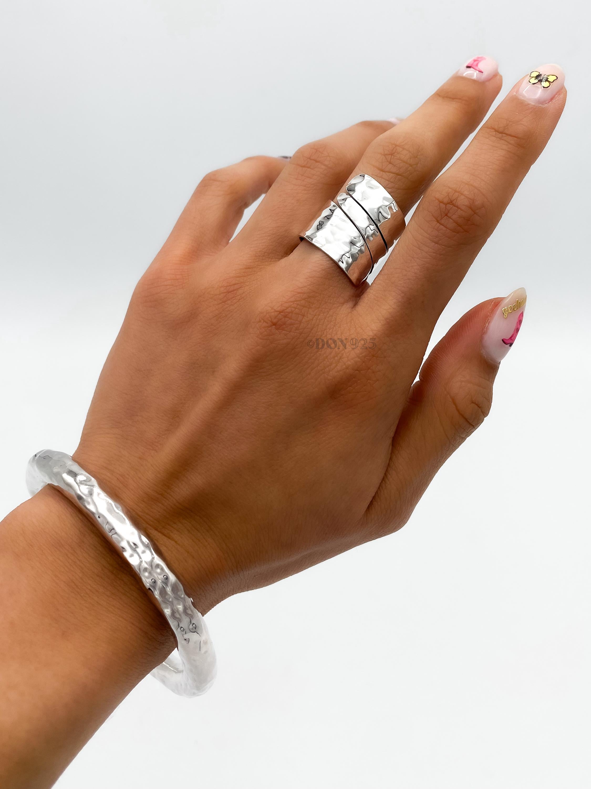 Wide Sterling Silver Wrap Ring: Adjustable Hammered Band
