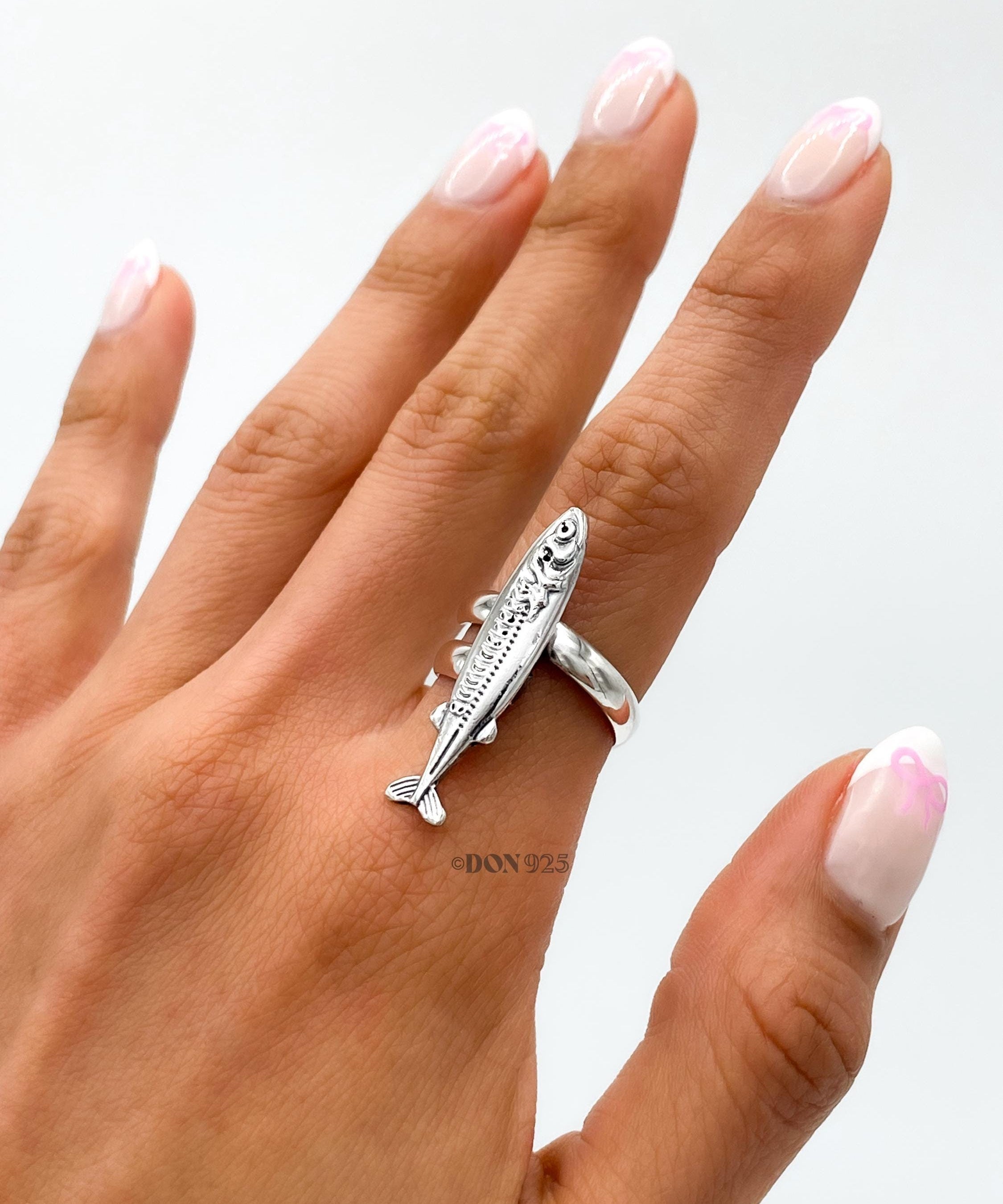 Sterling Silver Sardine Ring: Adjustable Nautical Fish Jewelry