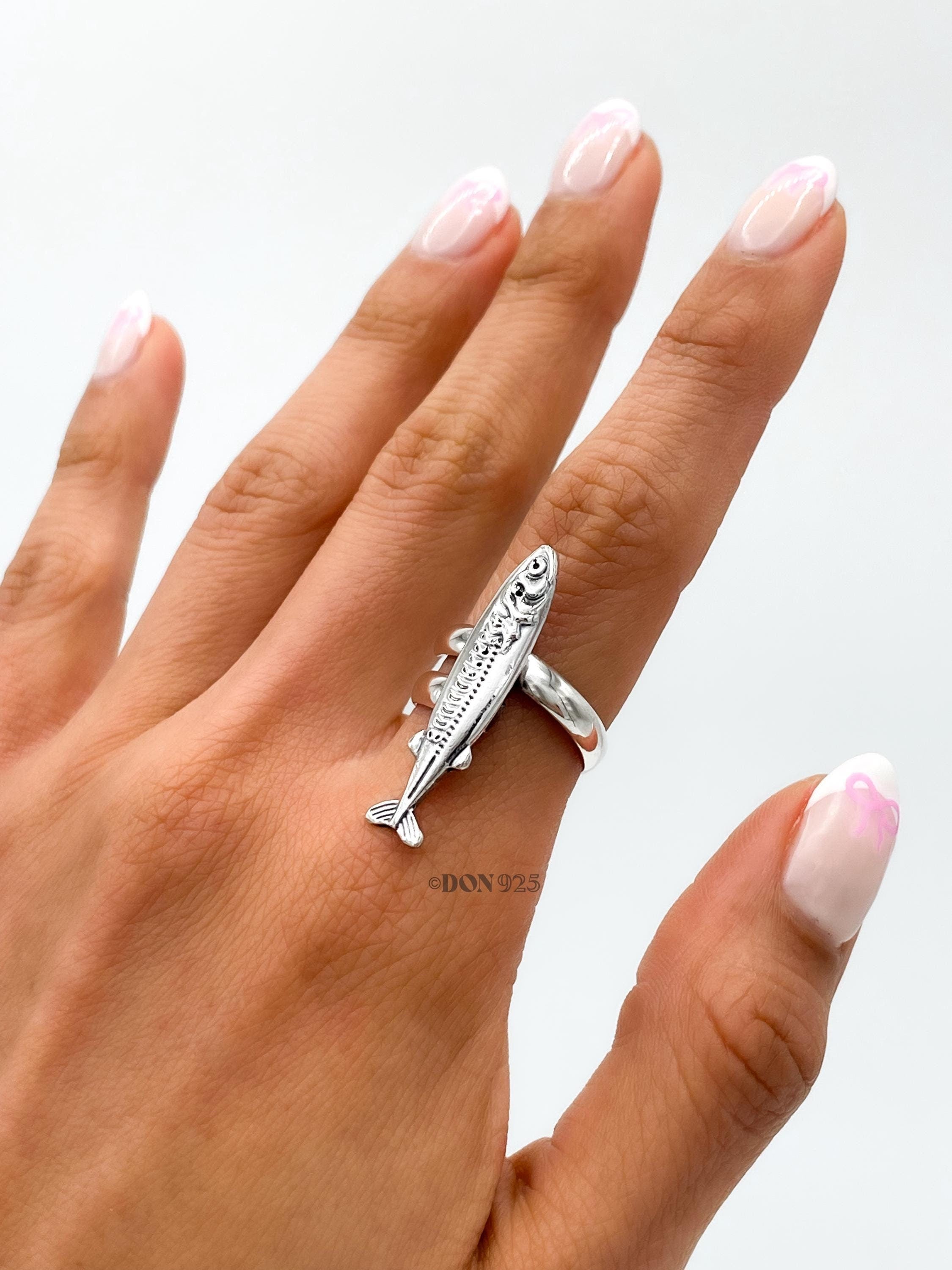 Sterling Silver Sardine Ring: Adjustable Nautical Fish Jewelry