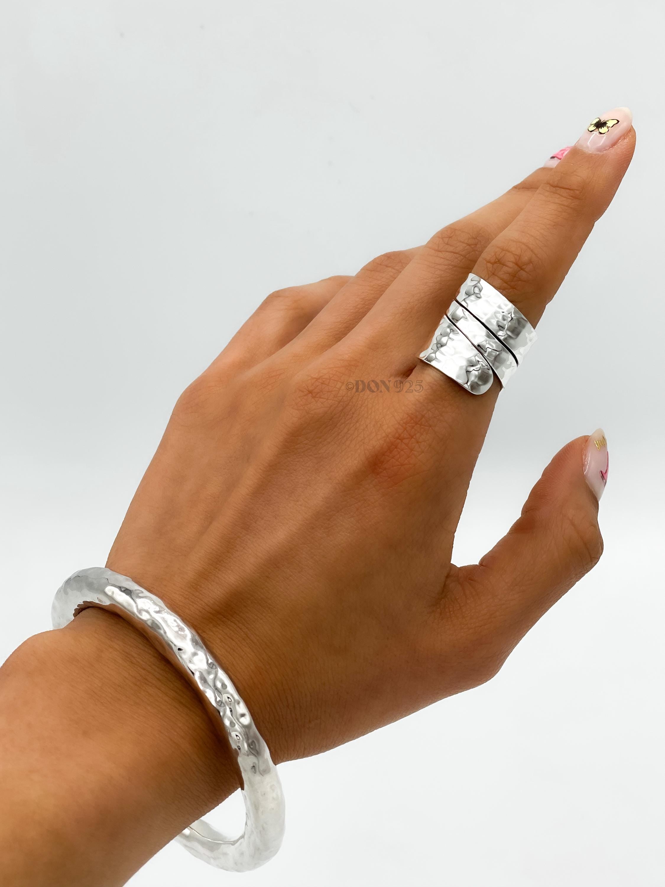 Wide Sterling Silver Wrap Ring: Adjustable Hammered Band