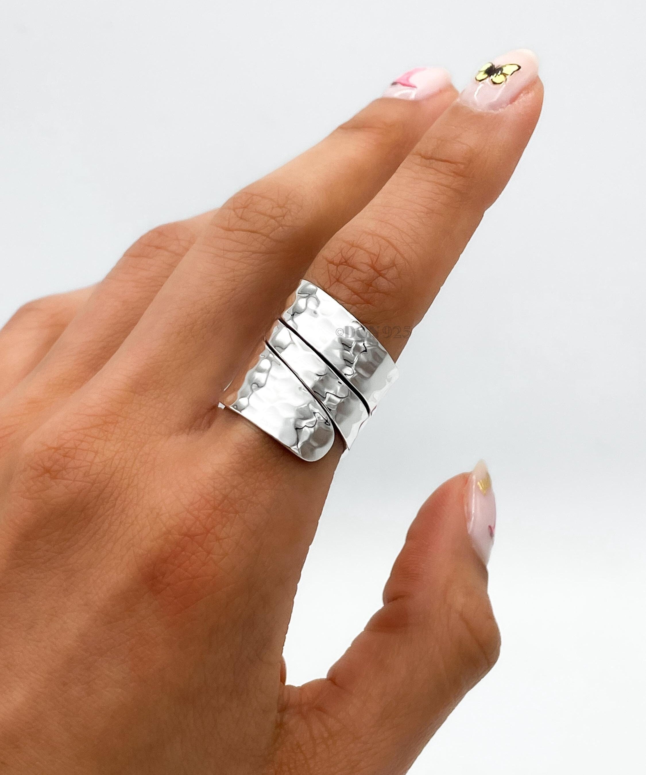 Wide Sterling Silver Wrap Ring: Adjustable Hammered Band