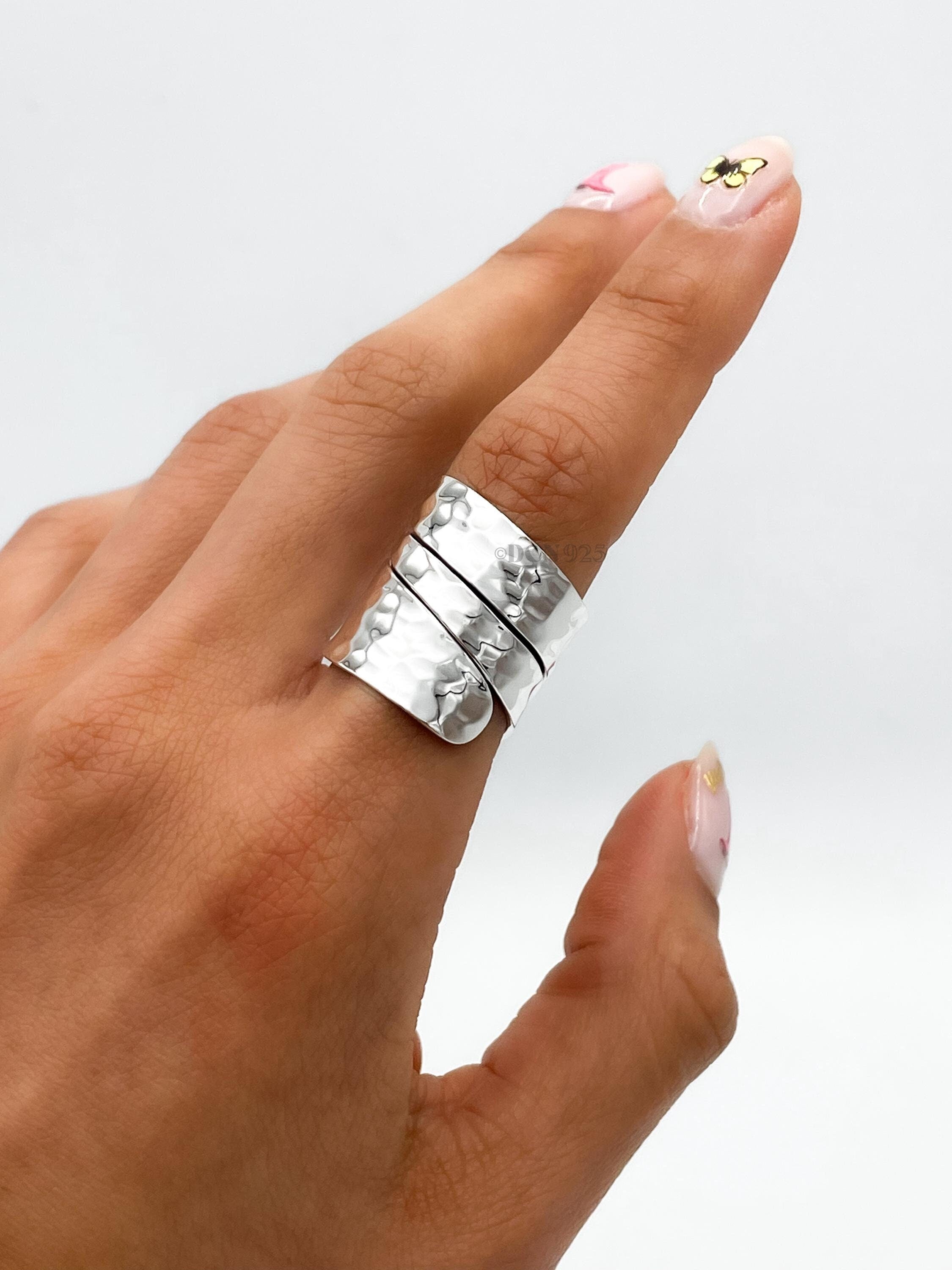Wide Sterling Silver Wrap Ring: Adjustable Hammered Band