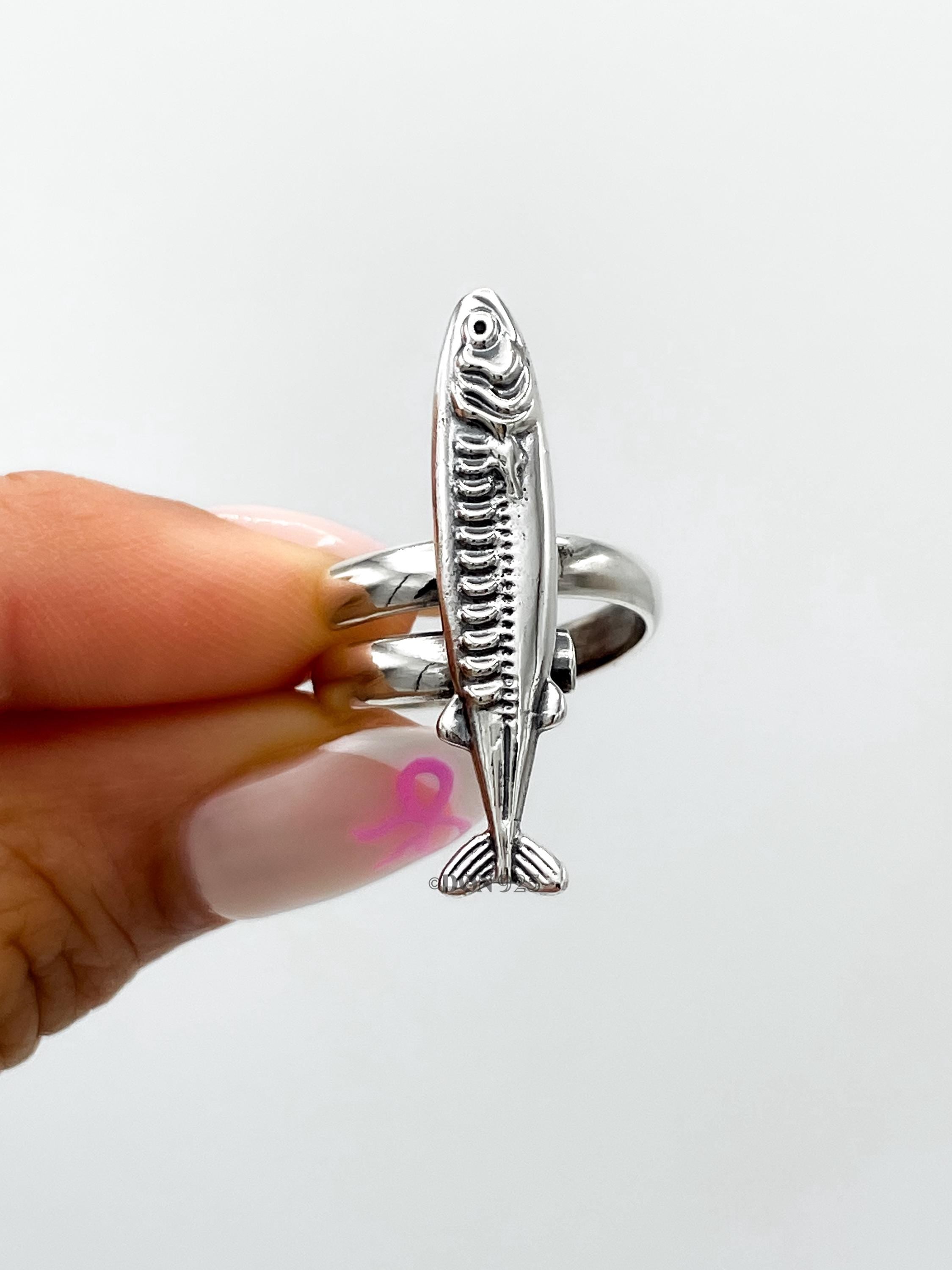 Sterling Silver Sardine Ring: Adjustable Nautical Fish Jewelry
