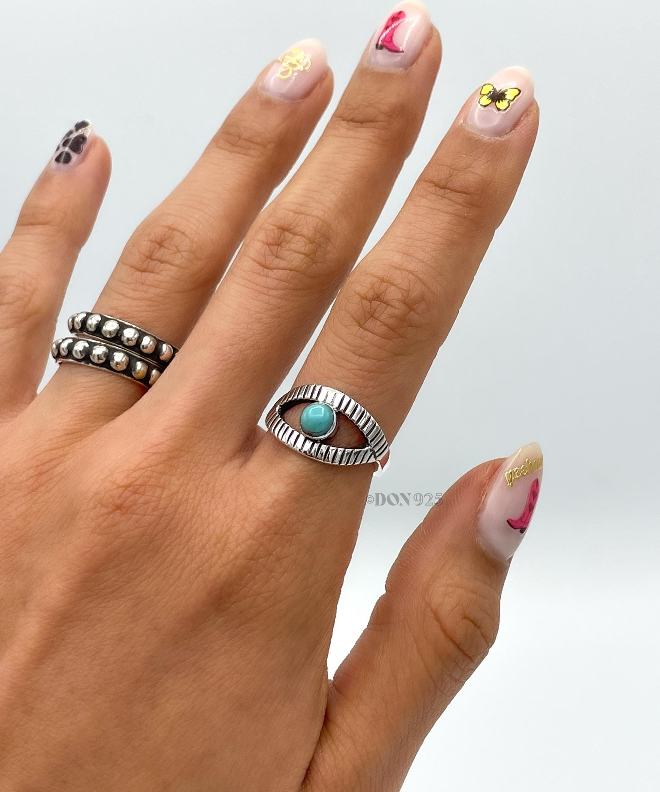 Sterling Silver Evil Eye Ring: Turquoise Boho Protection Jewelry