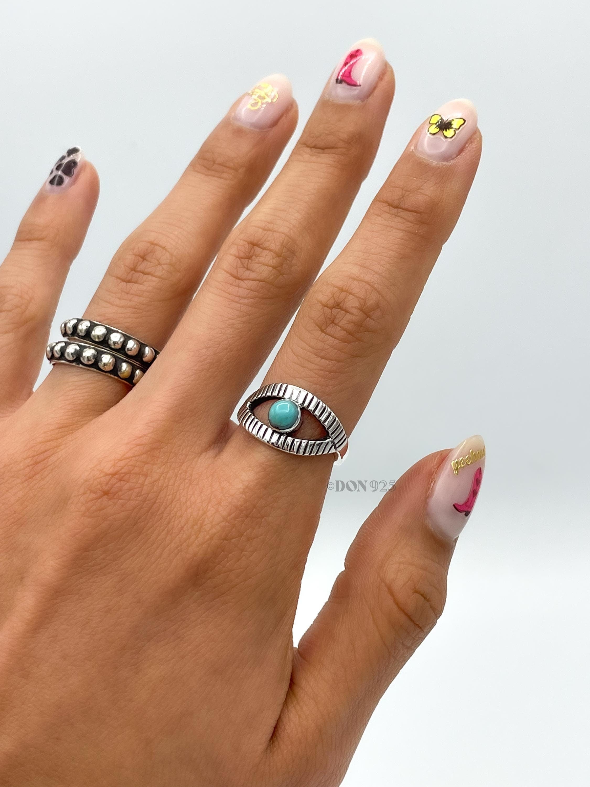 Sterling Silver Evil Eye Ring: Turquoise Boho Protection Jewelry