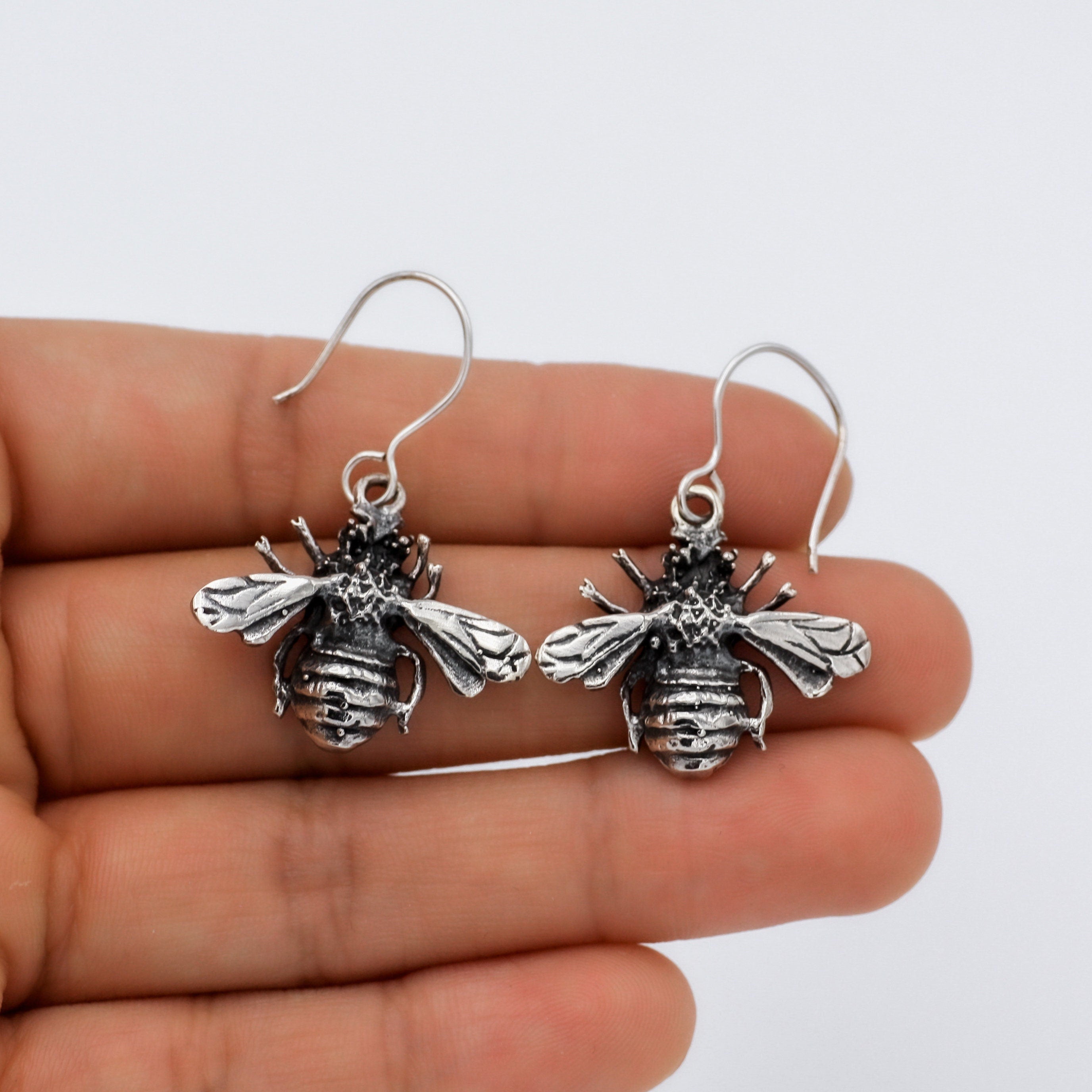 Sterling Silver Bee Dangle Earrings: Rustic Insect Jewelry