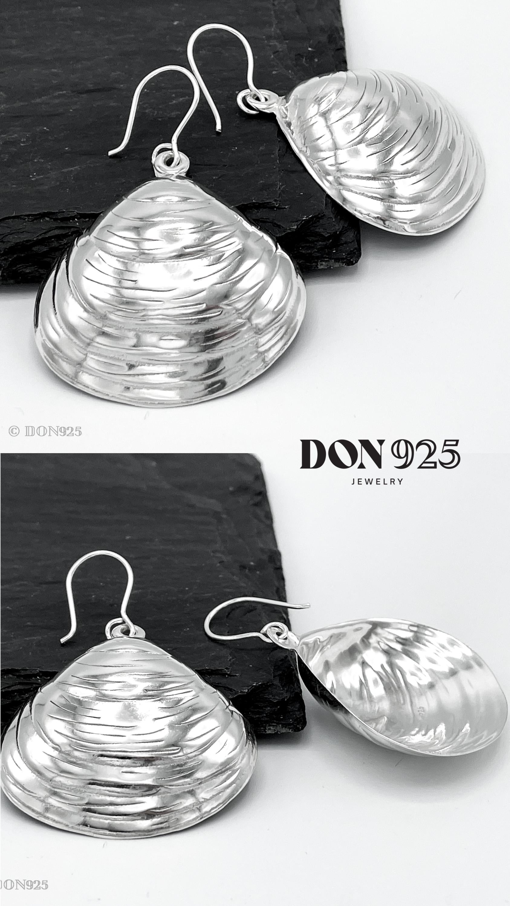 Big Sterling Silver Clam Shell Dangle Earrings