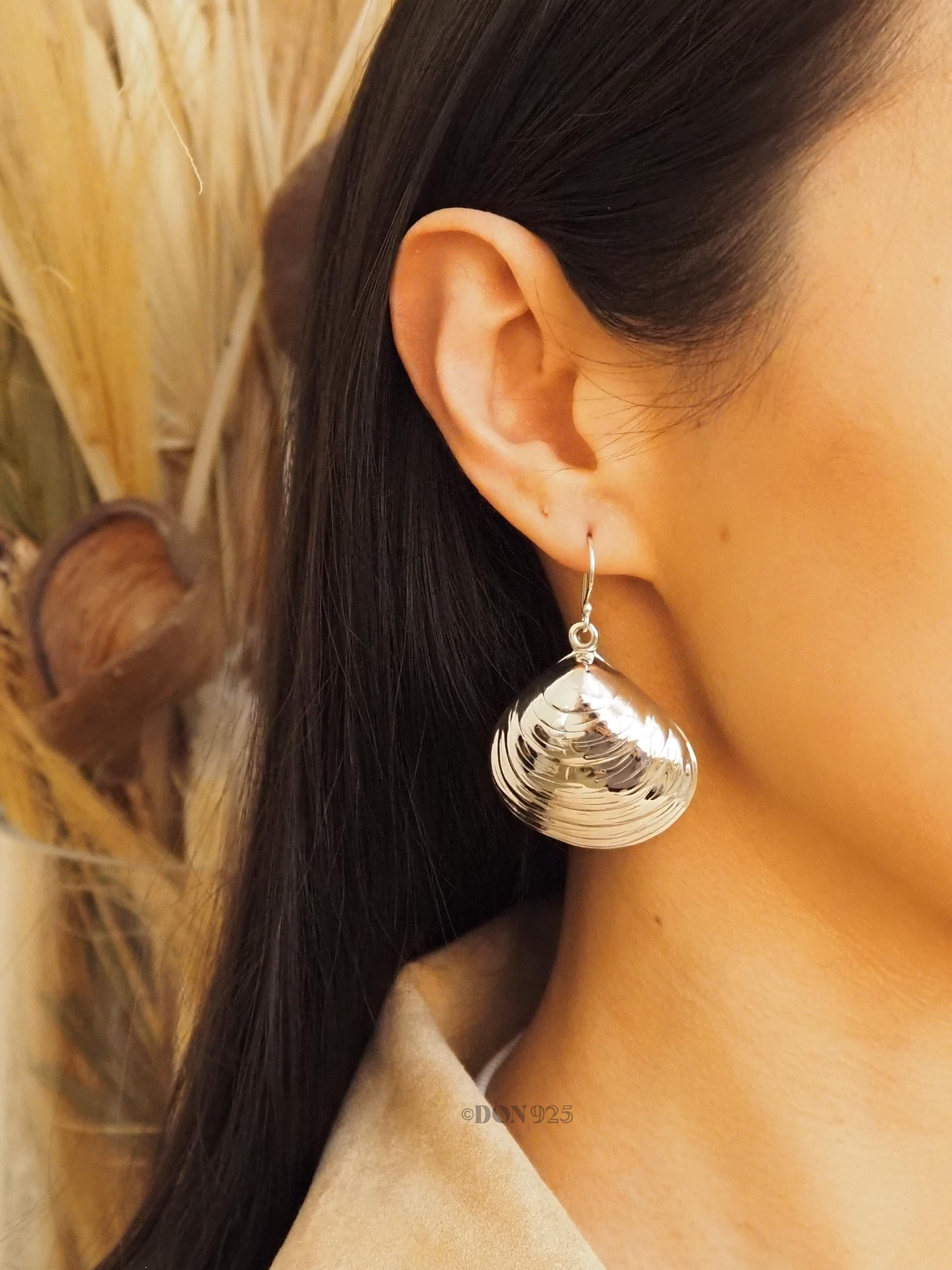 Big Sterling Silver Clam Shell Dangle Earrings