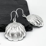 A pair of sterling silver seashell earrings with a hook.