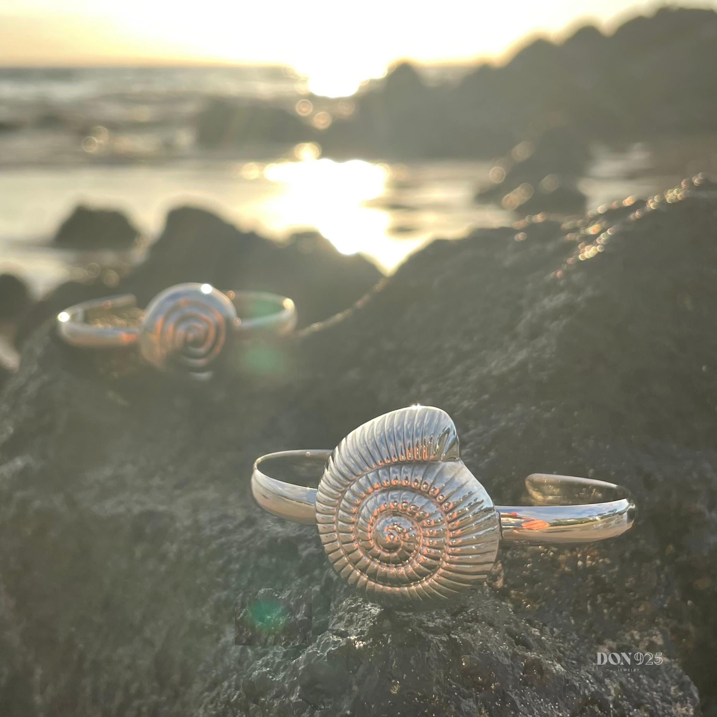Sterling Silver Seashell Cuff Bracelet: Coastal Beach Jewelry
