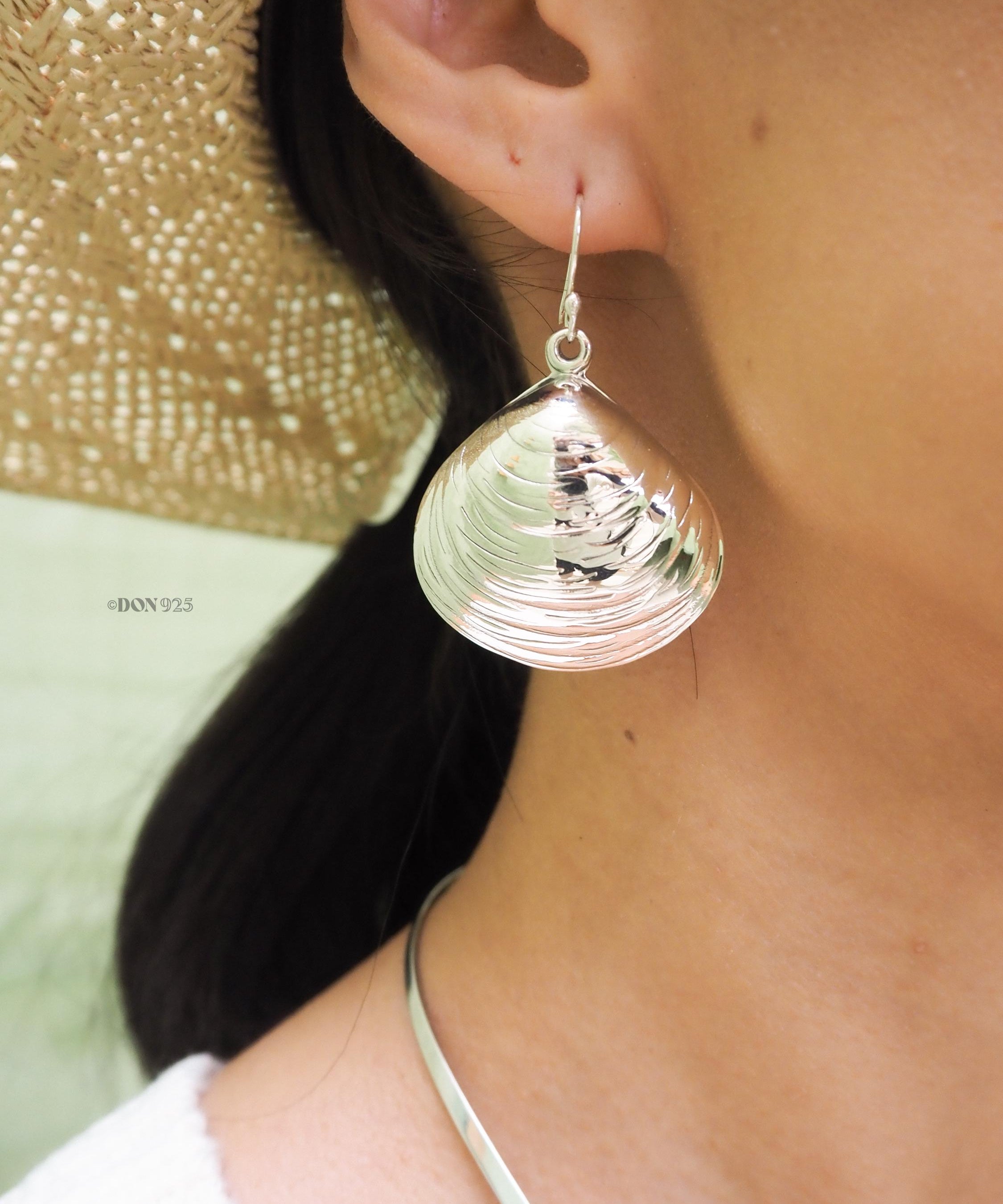 Big Sterling Silver Clam Shell Dangle Earrings