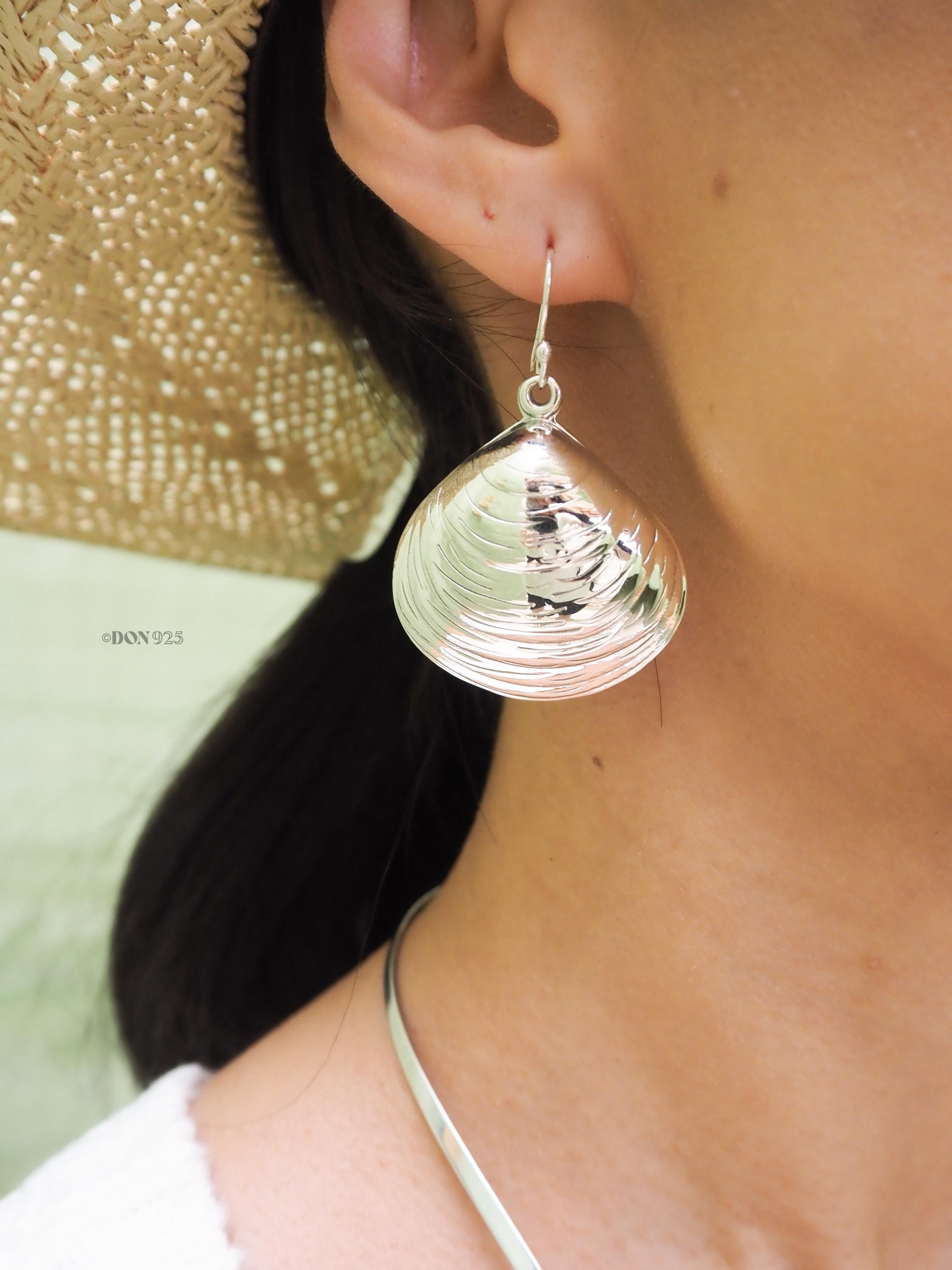 Big Sterling Silver Clam Shell Dangle Earrings