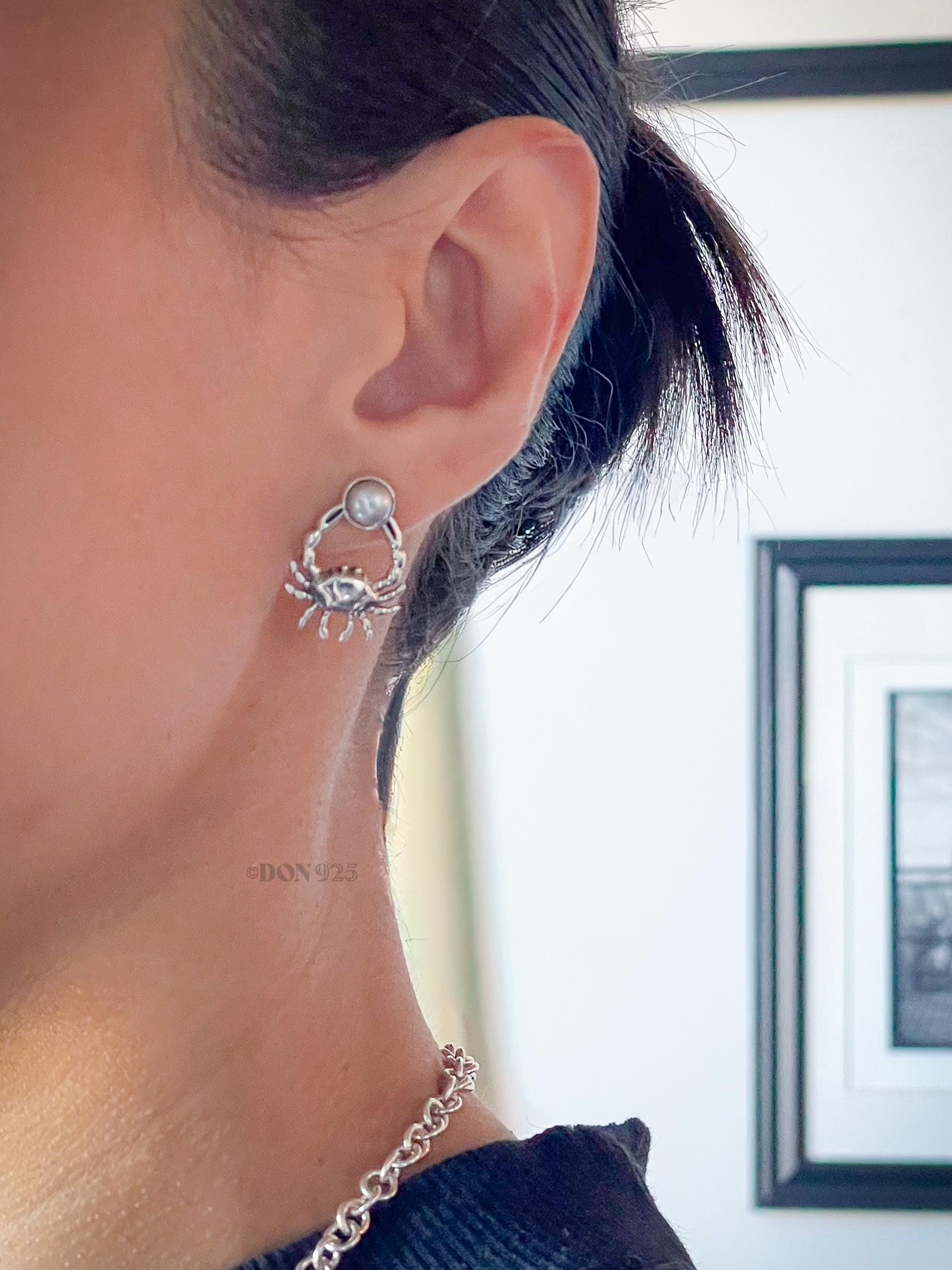 Pearl and Sterling Silver Crab Stud Earrings