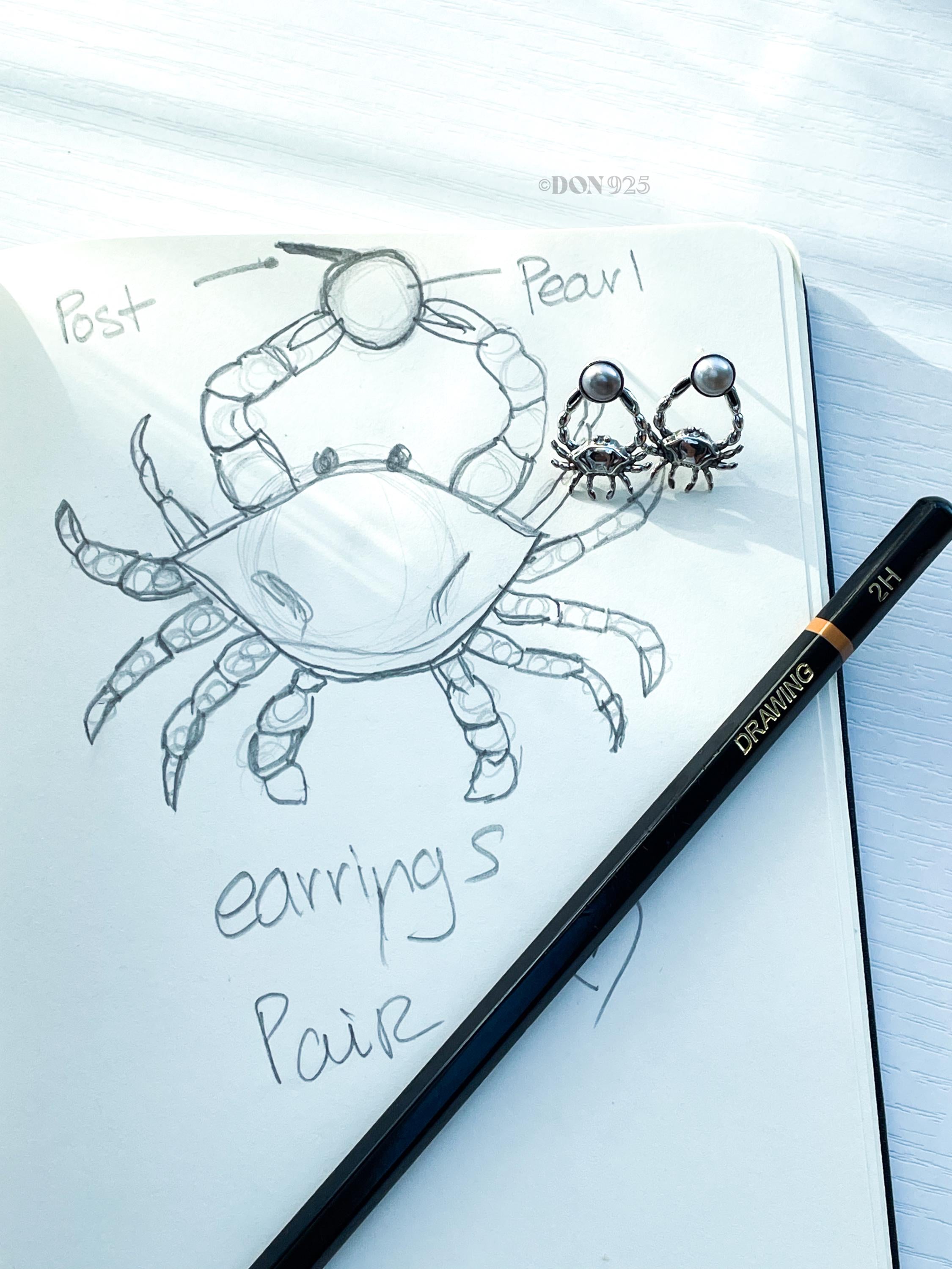 Pearl and Sterling Silver Crab Stud Earrings