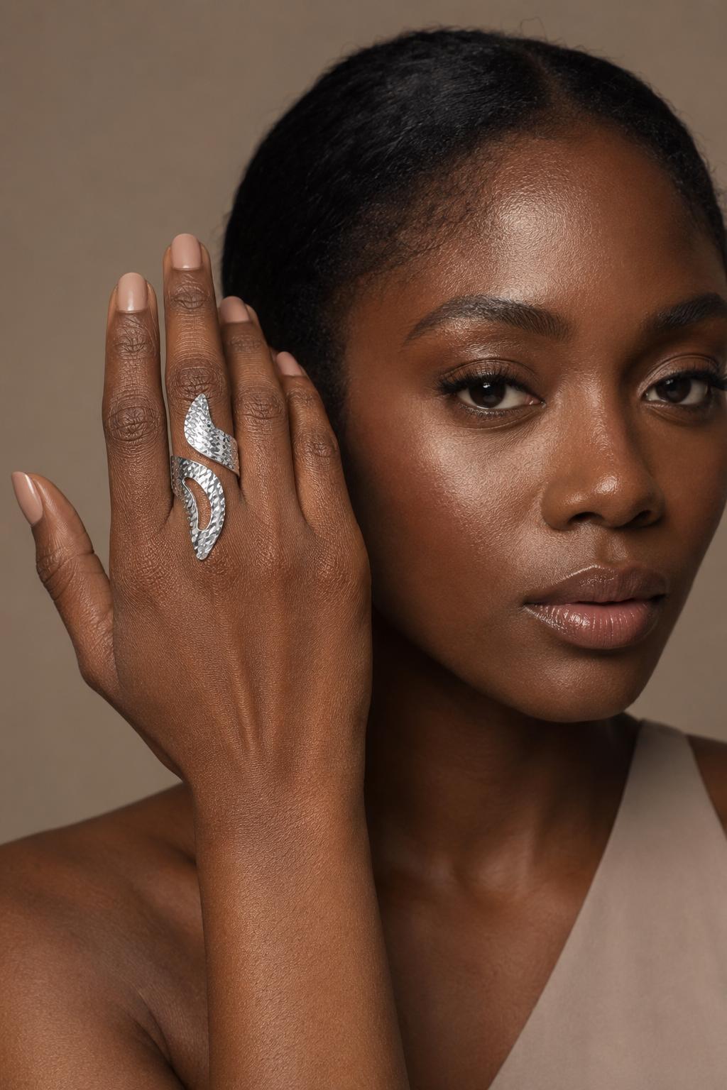Sterling Silver Leaf Adjustable Ring: Long Shiny Disco-Ball Style