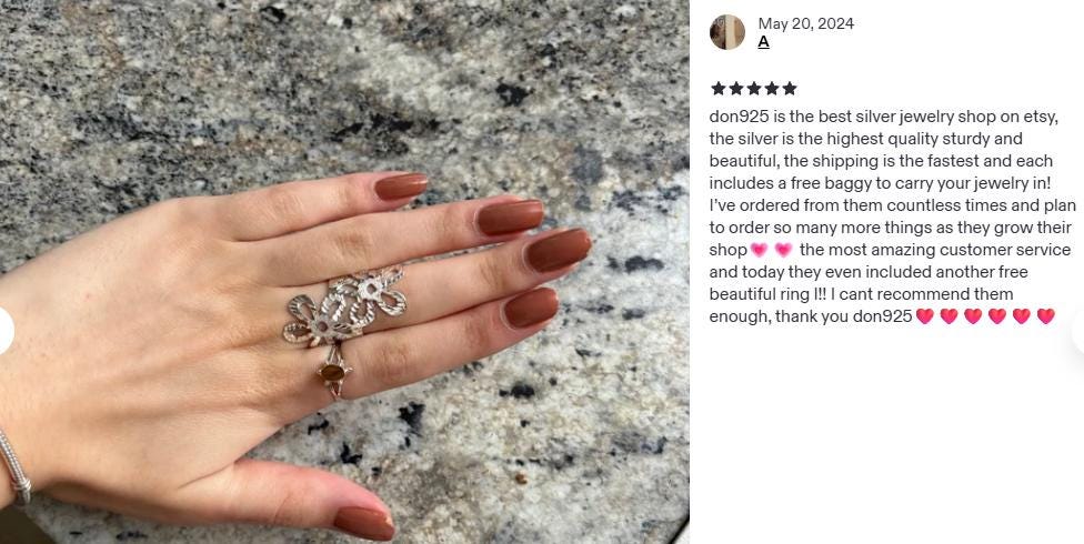 Sterling Silver Long Flower Ring: Shiny Disco-Ball Style