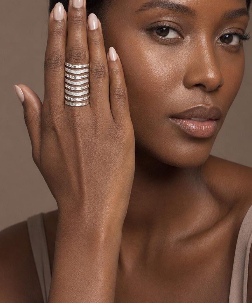 Sterling Silver Cutout Lines Long Shield Ring