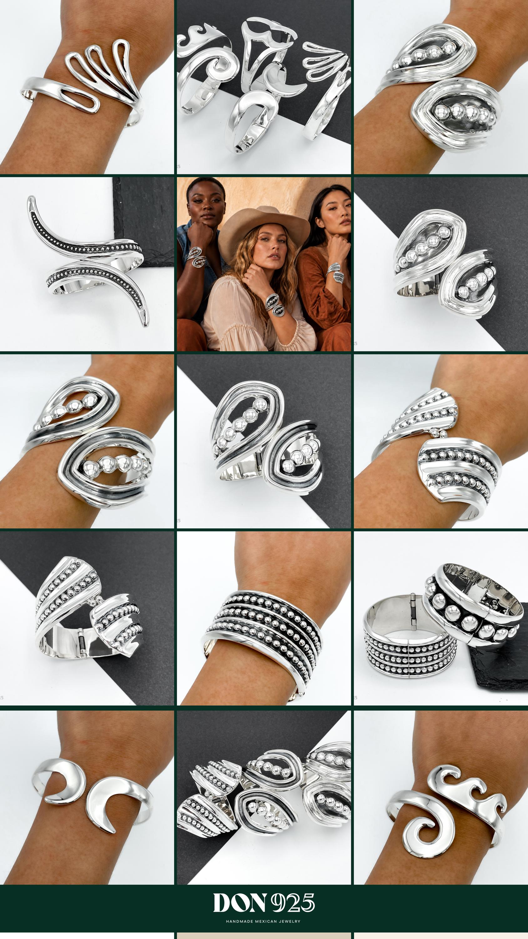 Sterling Silver Beaded Cuff Bracelet: Taxco Bohemian Studded Jewelry