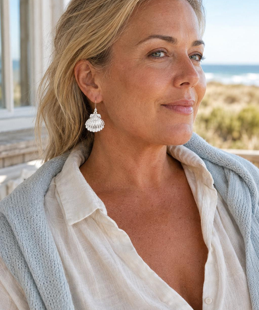 Large Sterling Silver Seashell Drop Earrings: Statement Beach Jewelry