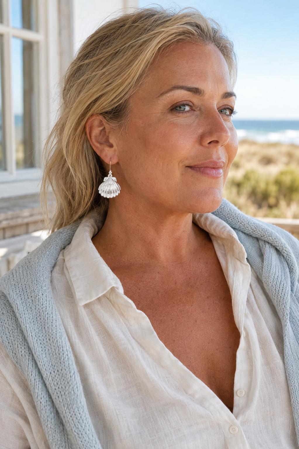 Large Sterling Silver Seashell Drop Earrings: Statement Beach Jewelry